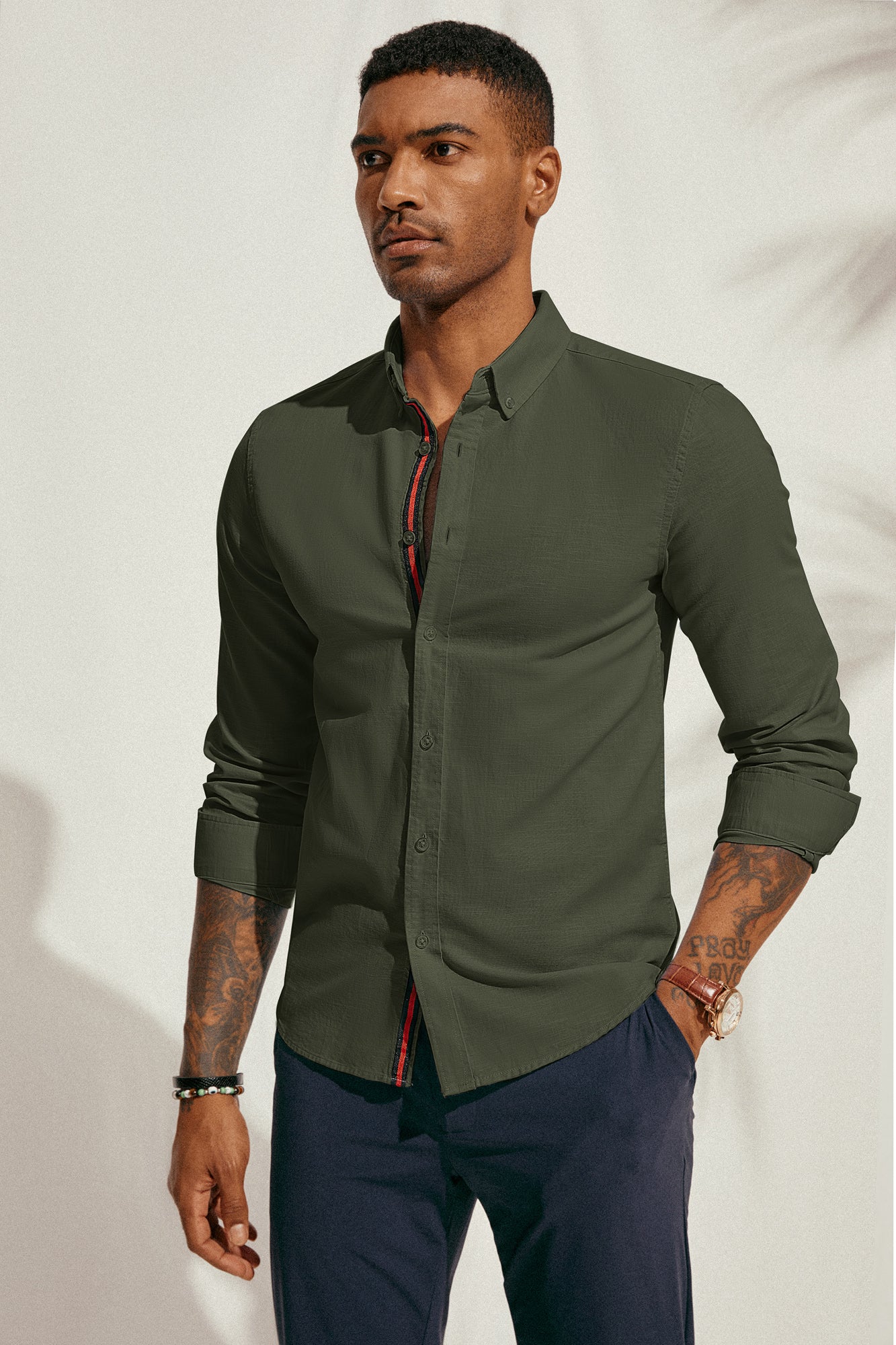 PJ Men Breathable Cotton & Linen Shirt Long Sleeve Button-Down Collar Tops - Image 40