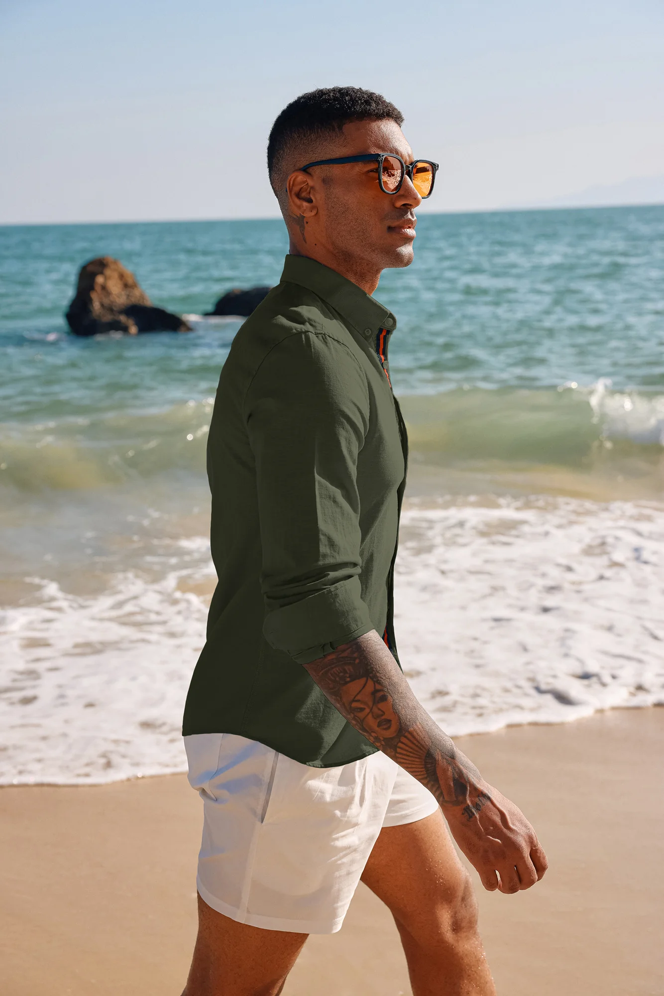 PJ Men Breathable Cotton & Linen Shirt Long Sleeve Button-Down Collar Tops - Image 41