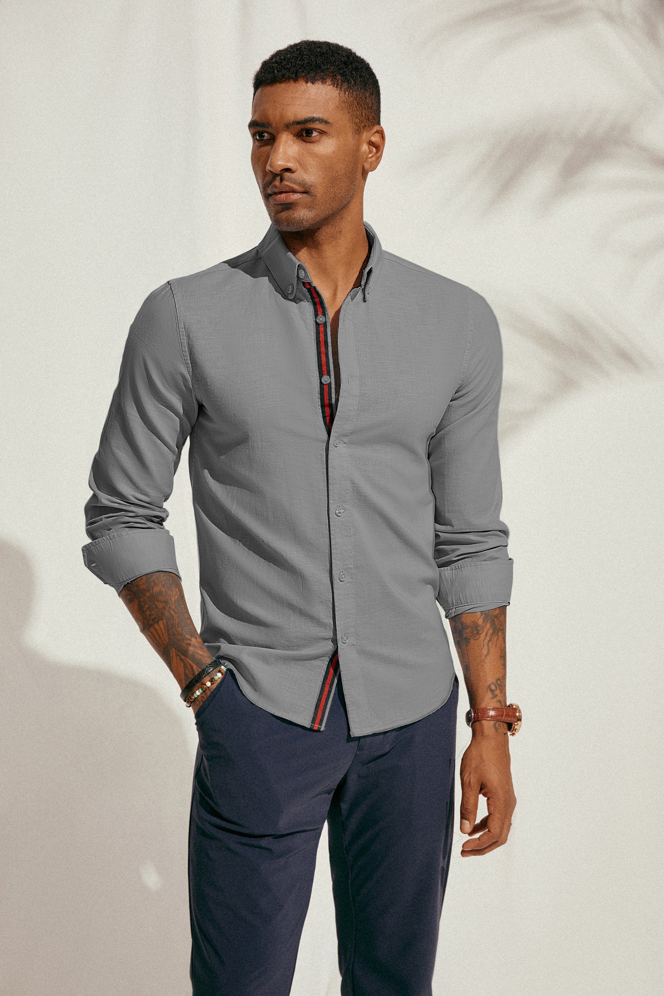 PJ Men Breathable Cotton & Linen Shirt Long Sleeve Button-Down Collar Tops - Image 45