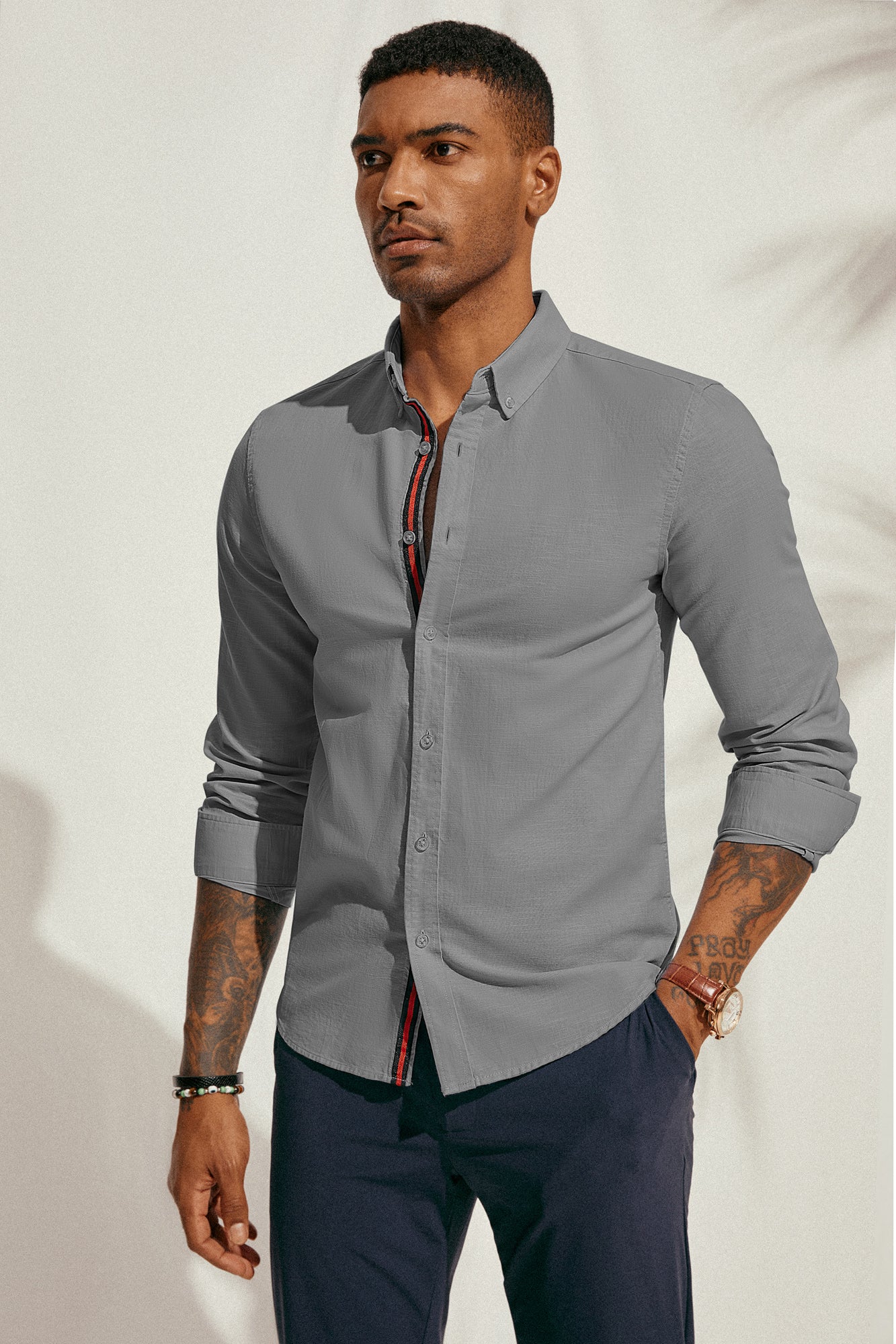 PJ Men Breathable Cotton & Linen Shirt Long Sleeve Button-Down Collar Tops - Image 46