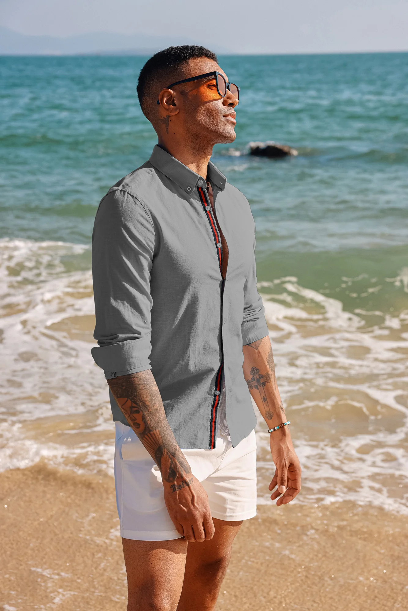 PJ Men Breathable Cotton & Linen Shirt Long Sleeve Button-Down Collar Tops - Image 47