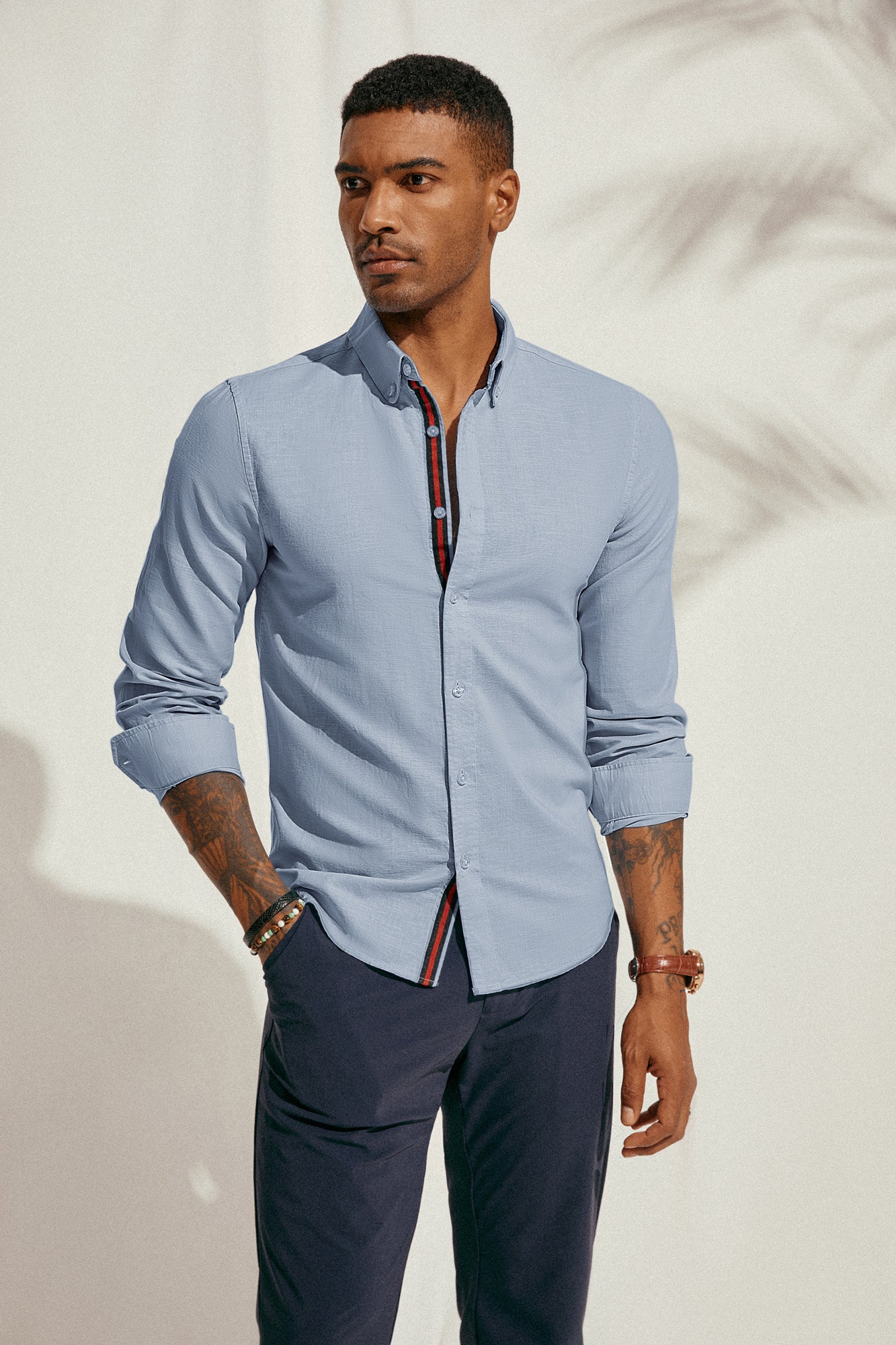 PJ Men Breathable Cotton & Linen Shirt Long Sleeve Button-Down Collar Tops - Image 51