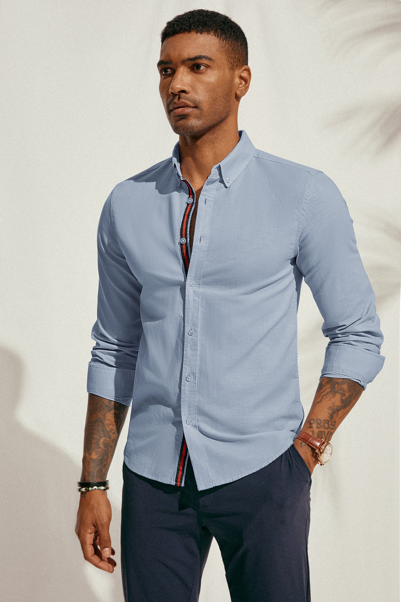 PJ Men Breathable Cotton & Linen Shirt Long Sleeve Button-Down Collar Tops - Image 52