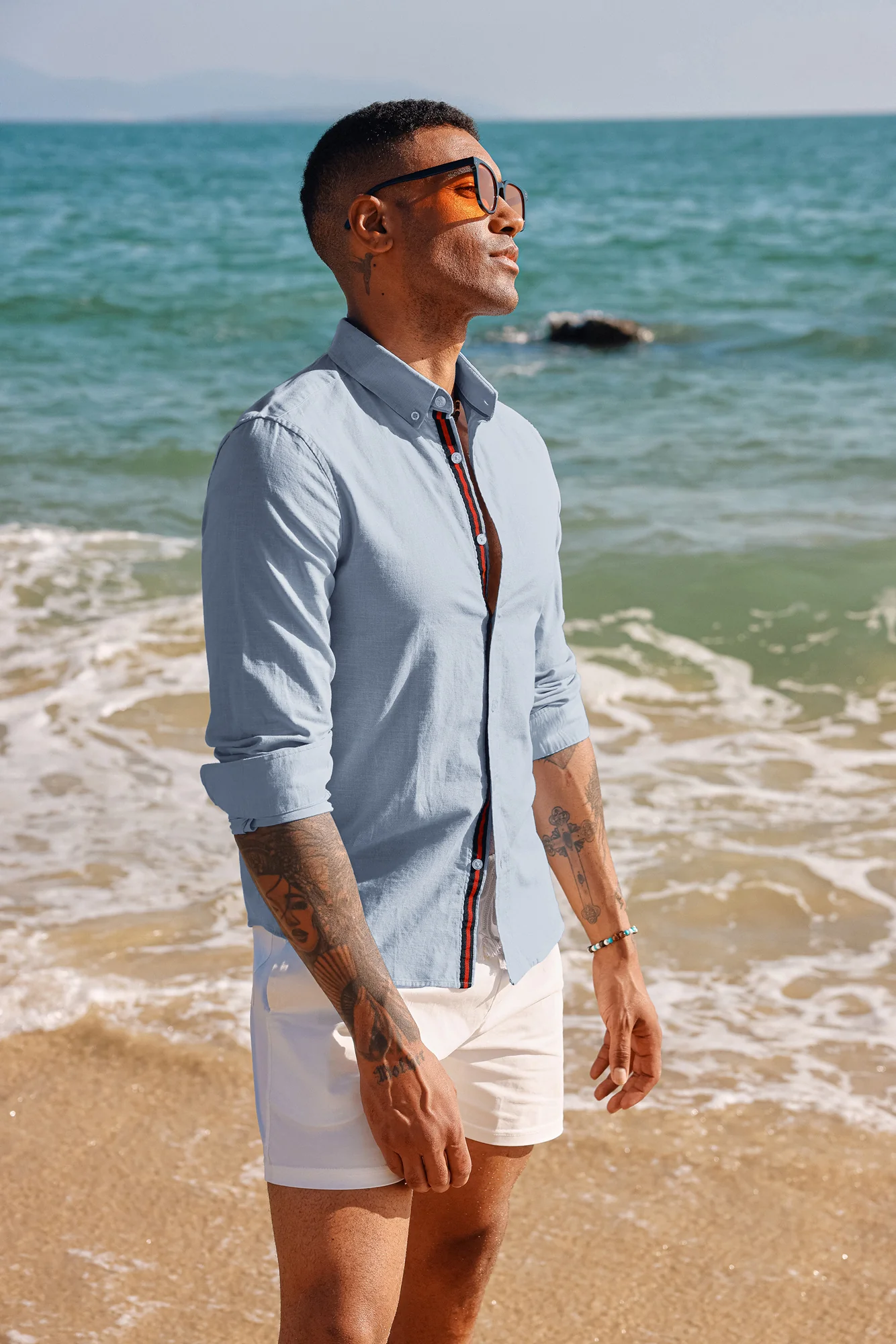 PJ Men Breathable Cotton & Linen Shirt Long Sleeve Button-Down Collar Tops - Image 53