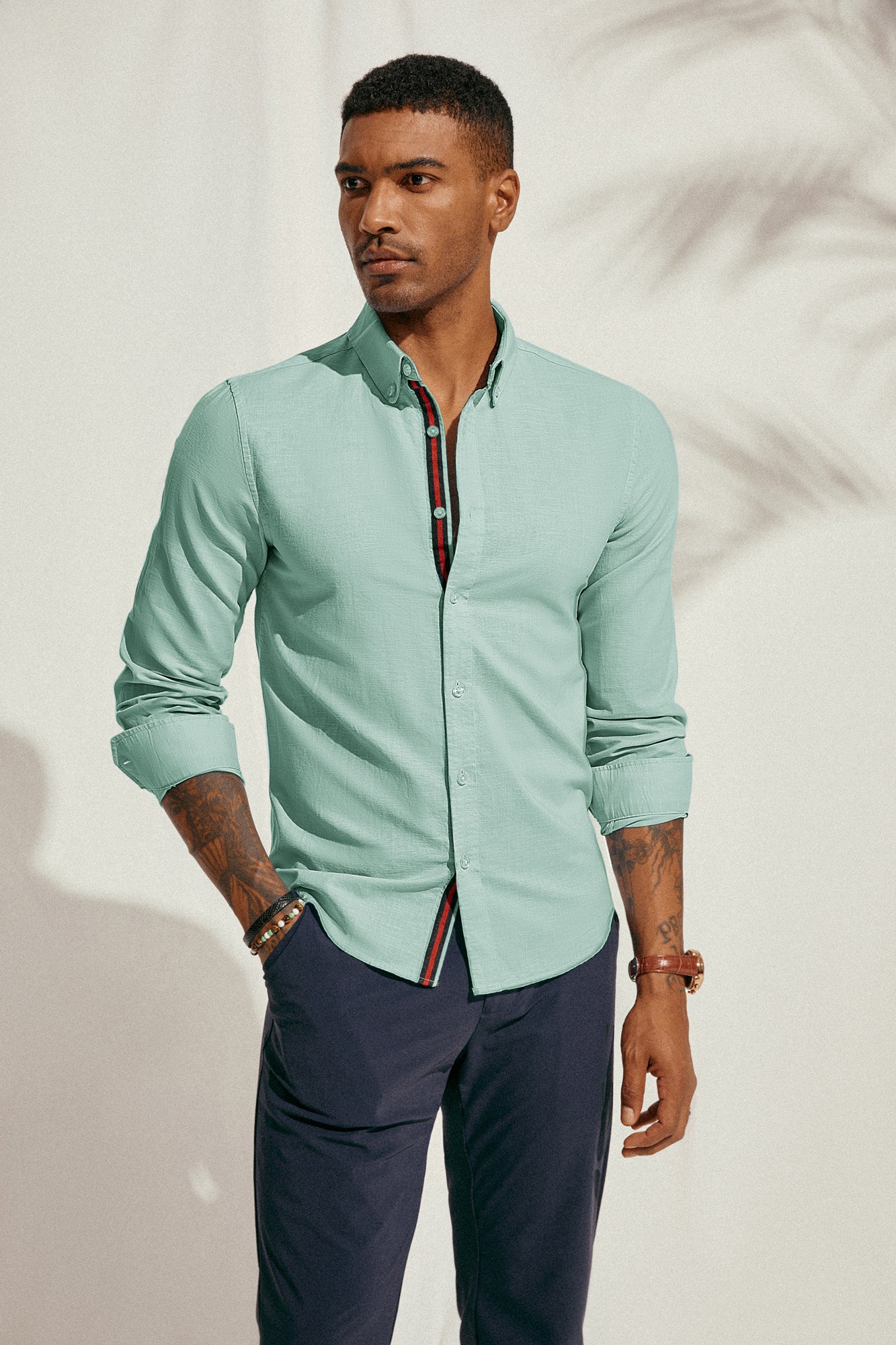 PJ Men Breathable Cotton & Linen Shirt Long Sleeve Button-Down Collar Tops - Image 54