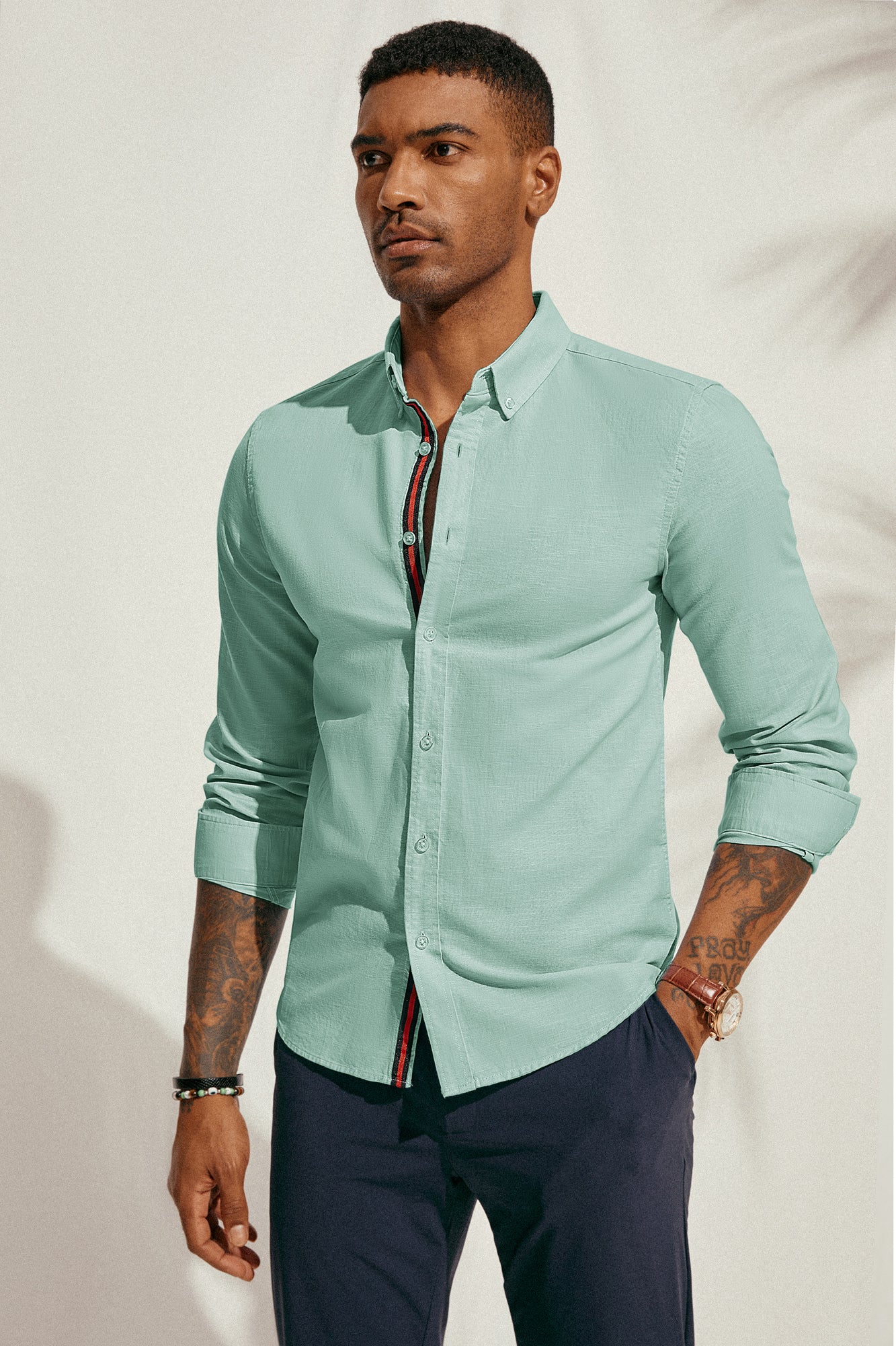PJ Men Breathable Cotton & Linen Shirt Long Sleeve Button-Down Collar Tops - Image 58
