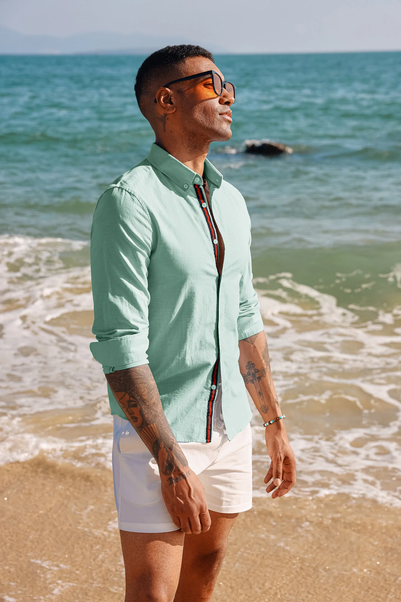 PJ Men Breathable Cotton & Linen Shirt Long Sleeve Button-Down Collar Tops - Image 59