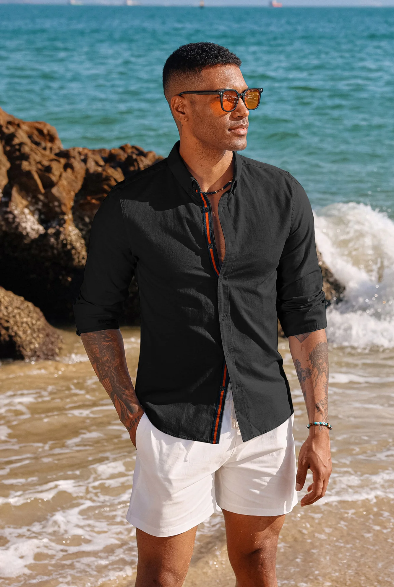 PJ Men Breathable Cotton & Linen Shirt Long Sleeve Button-Down Collar Tops - Image 6