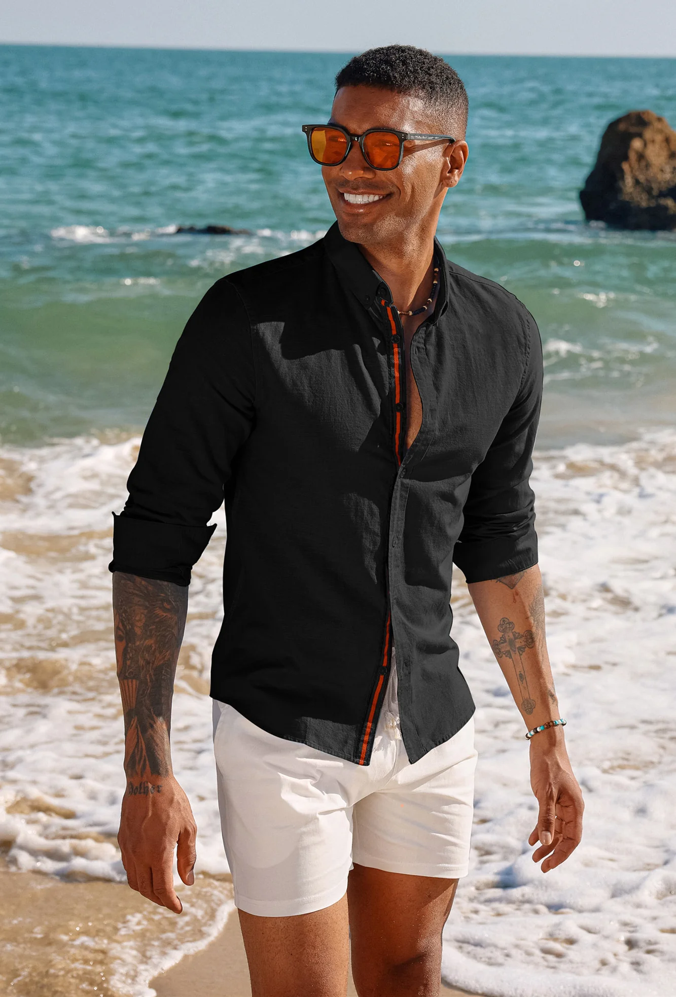 PJ Men Breathable Cotton & Linen Shirt Long Sleeve Button-Down Collar Tops - Image 7