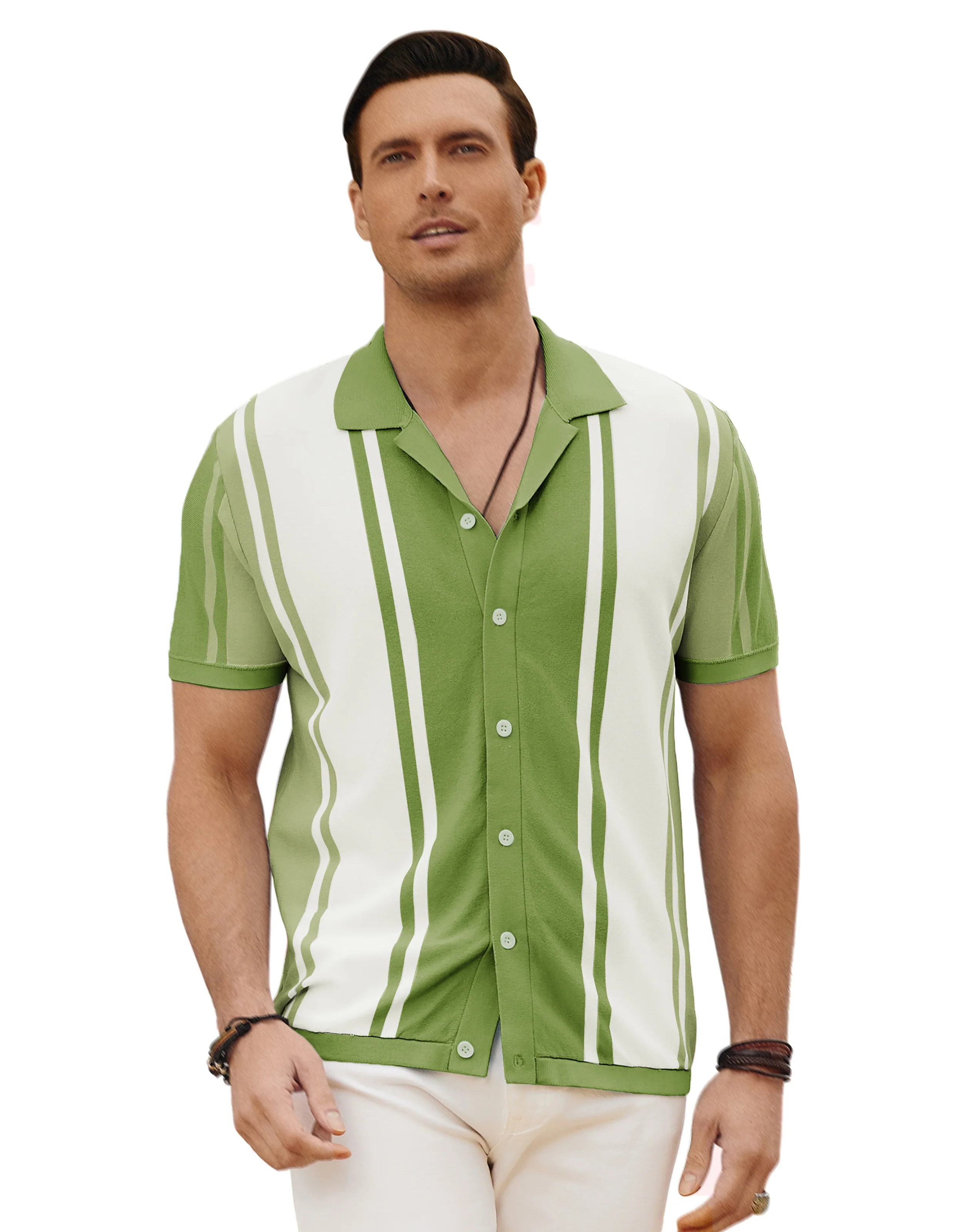 PJ Men Contrast Color Cardigan Sweater Short Sleeve Lapel Collar Knitwear - Image 11