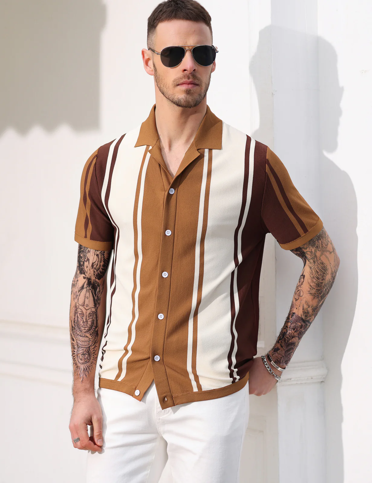 PJ Men Contrast Color Cardigan Sweater Short Sleeve Lapel Collar Knitwear - Image 5