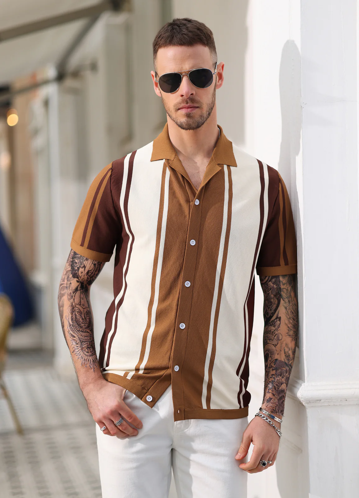 PJ Men Contrast Color Cardigan Sweater Short Sleeve Lapel Collar Knitwear - Image 6