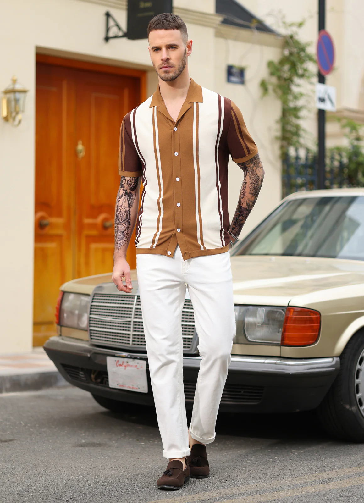 PJ Men Contrast Color Cardigan Sweater Short Sleeve Lapel Collar Knitwear - Image 7