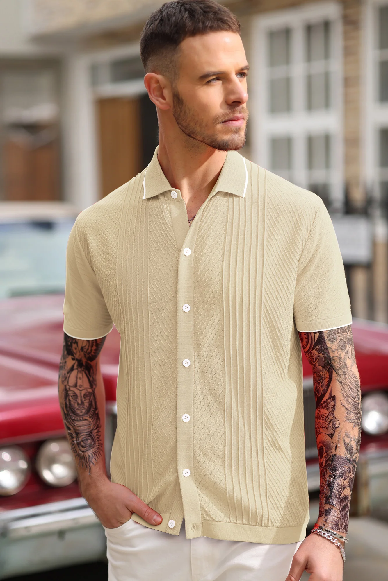 PJ Men Textured Cardigan Sweater Short Sleeve Lapel Collar Button-up Knitwear - Image 10