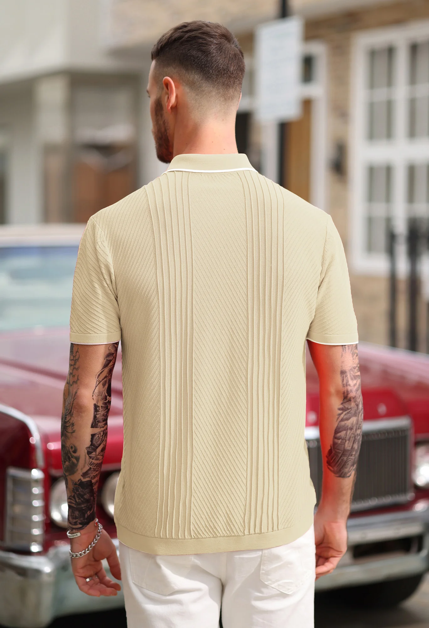 PJ Men Textured Cardigan Sweater Short Sleeve Lapel Collar Button-up Knitwear - Image 11