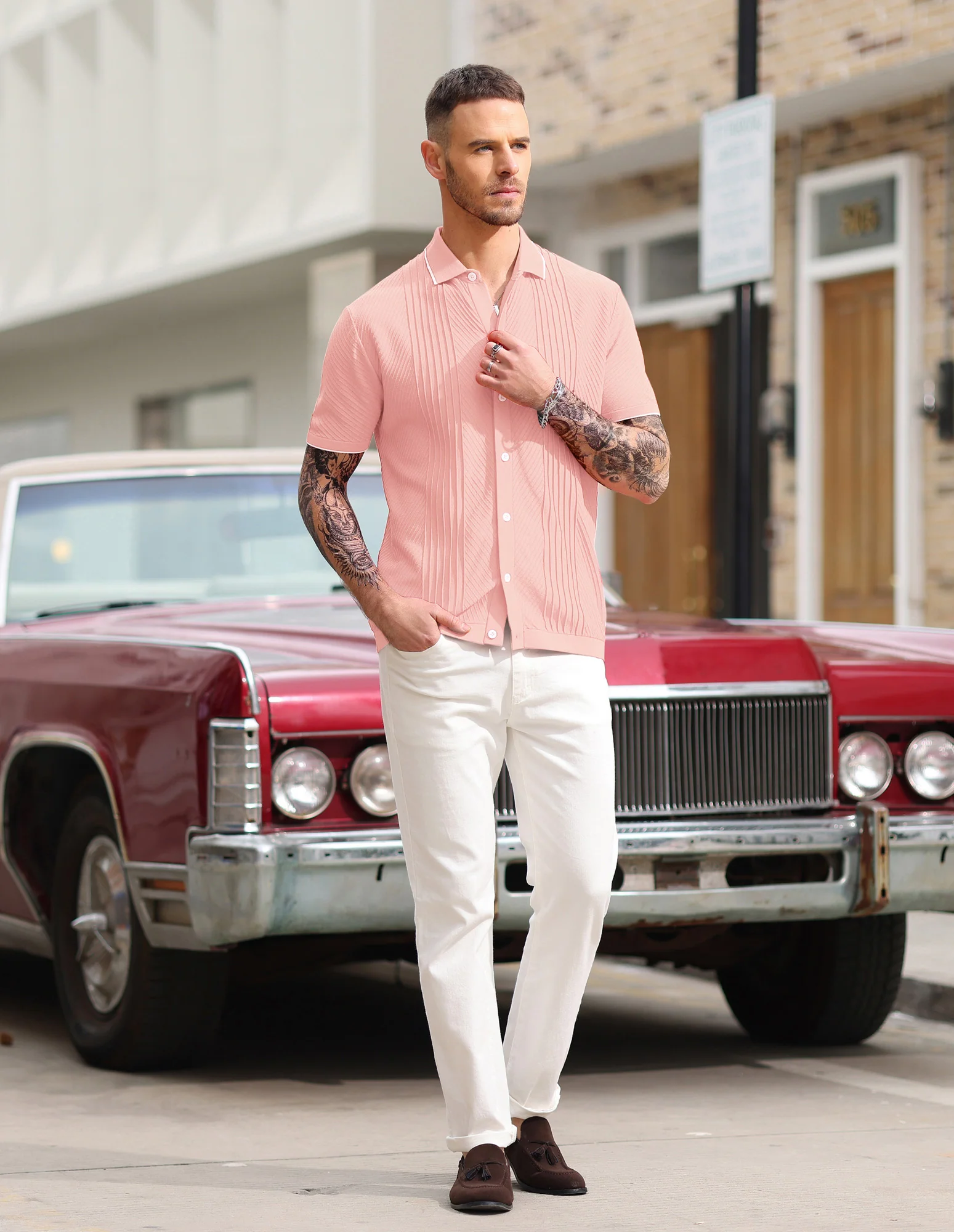 PJ Men Textured Cardigan Sweater Short Sleeve Lapel Collar Button-up Knitwear - Image 15