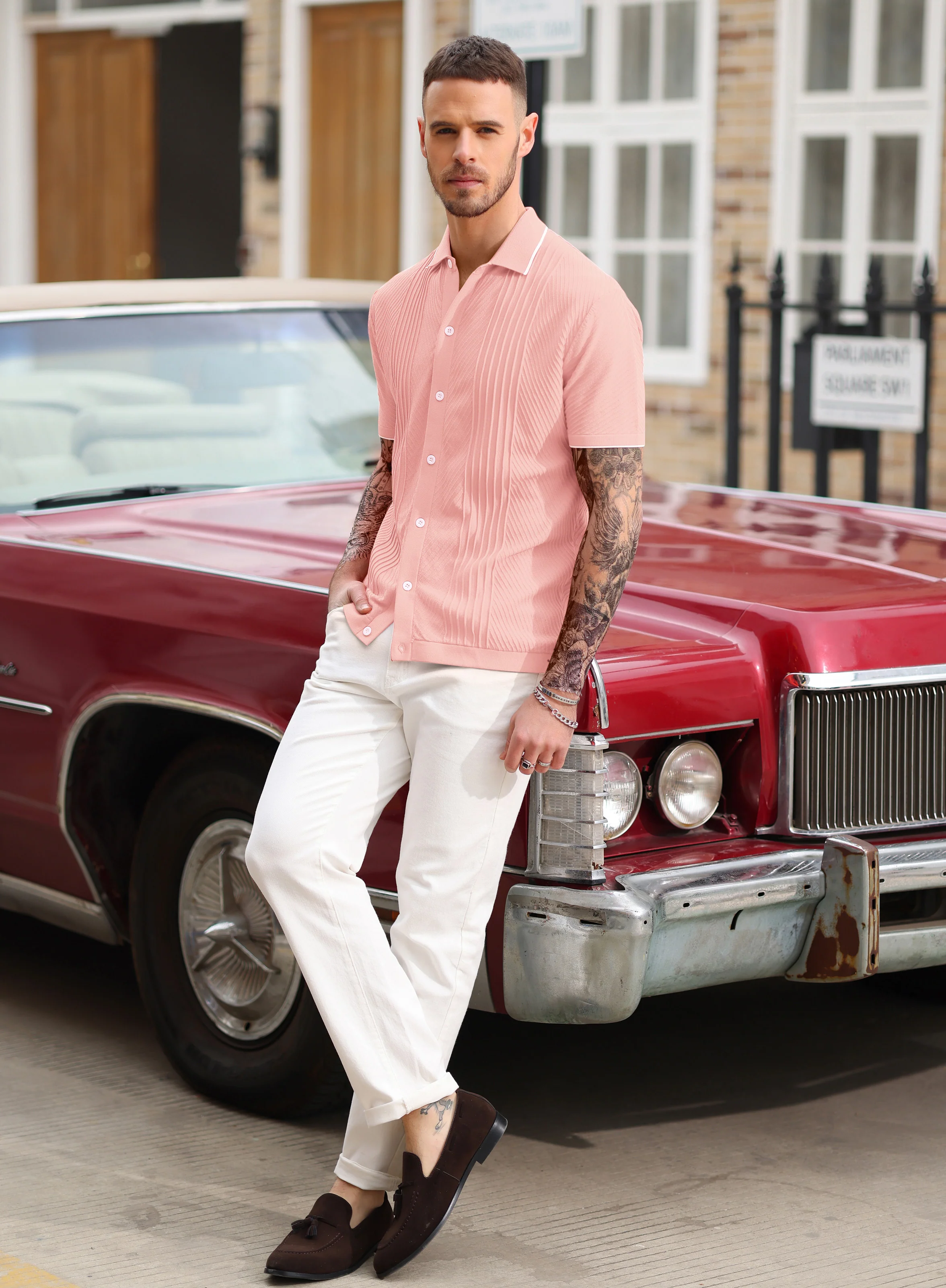 PJ Men Textured Cardigan Sweater Short Sleeve Lapel Collar Button-up Knitwear - Image 17