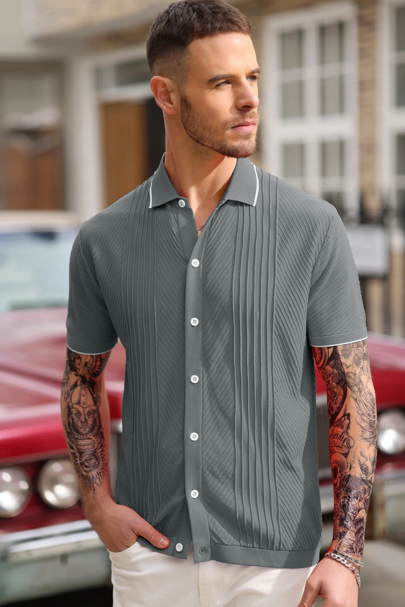 PJ Men Textured Cardigan Sweater Short Sleeve Lapel Collar Button-up Knitwear - Image 20