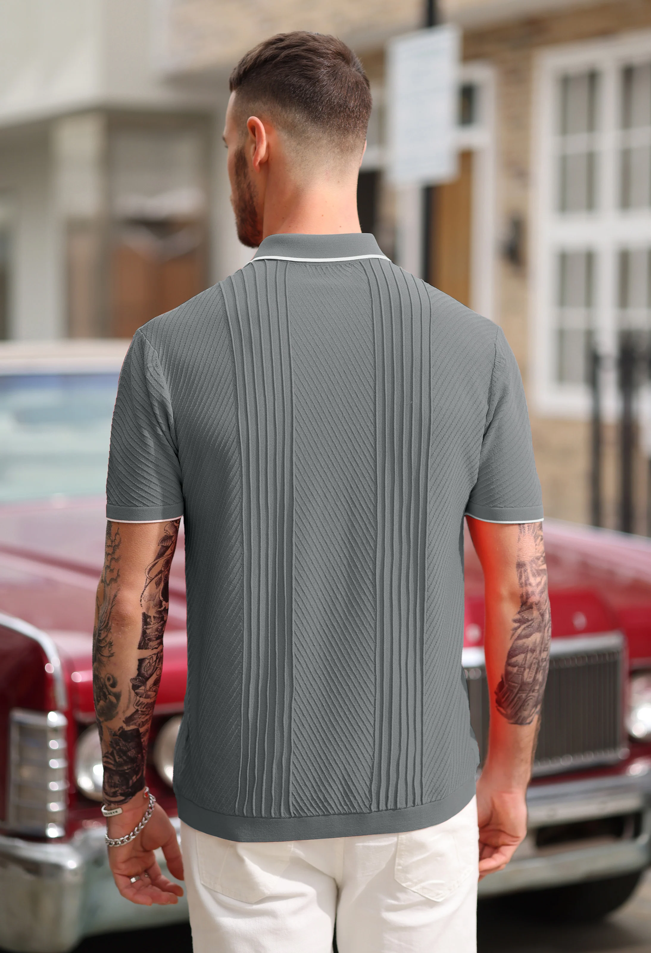 PJ Men Textured Cardigan Sweater Short Sleeve Lapel Collar Button-up Knitwear - Image 21