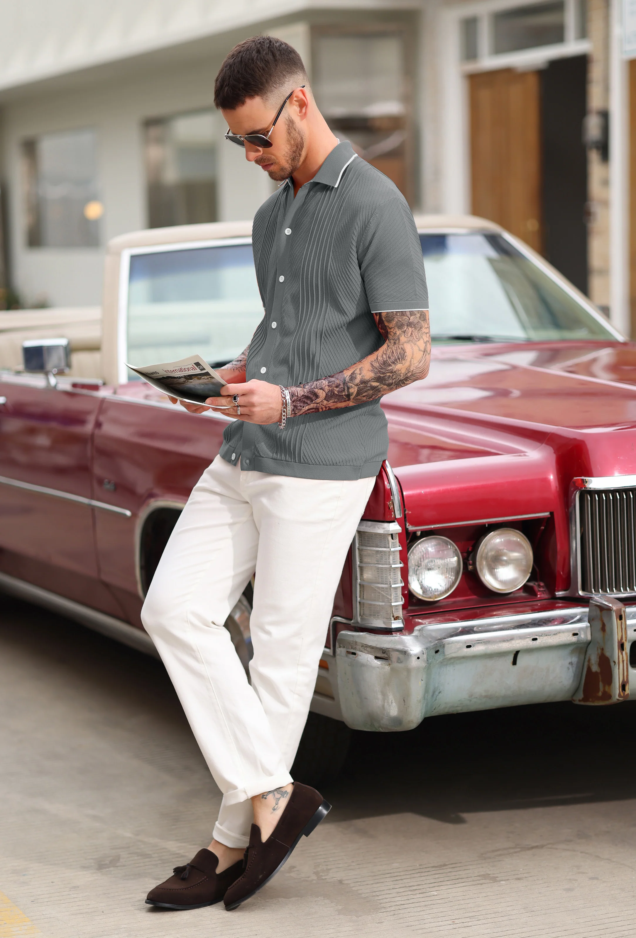 PJ Men Textured Cardigan Sweater Short Sleeve Lapel Collar Button-up Knitwear - Image 22