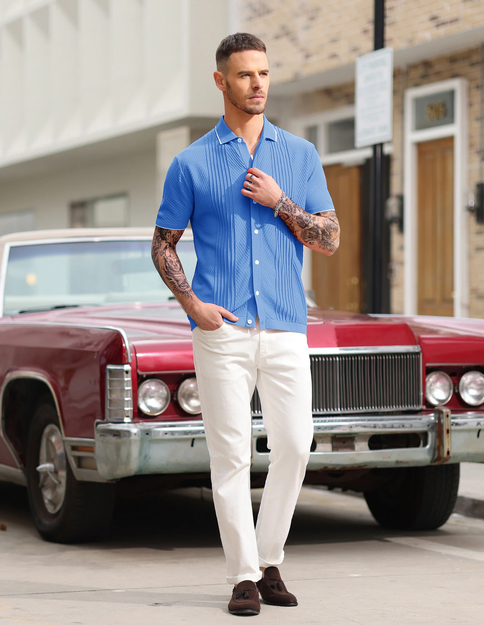 PJ Men Textured Cardigan Sweater Short Sleeve Lapel Collar Button-up Knitwear - Image 25