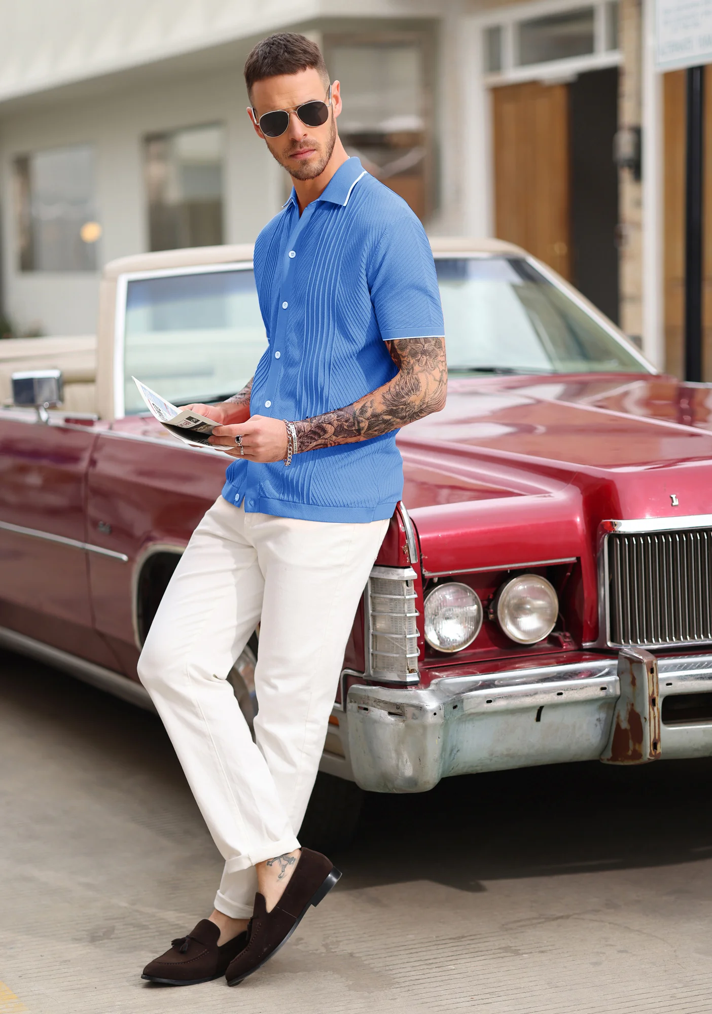 PJ Men Textured Cardigan Sweater Short Sleeve Lapel Collar Button-up Knitwear - Image 27