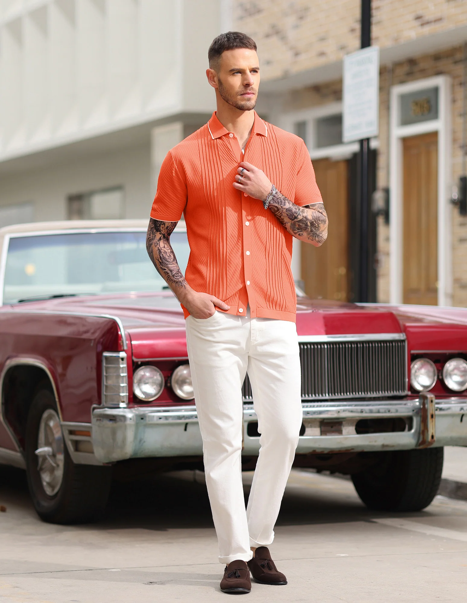 PJ Men Textured Cardigan Sweater Short Sleeve Lapel Collar Button-up Knitwear - Image 31