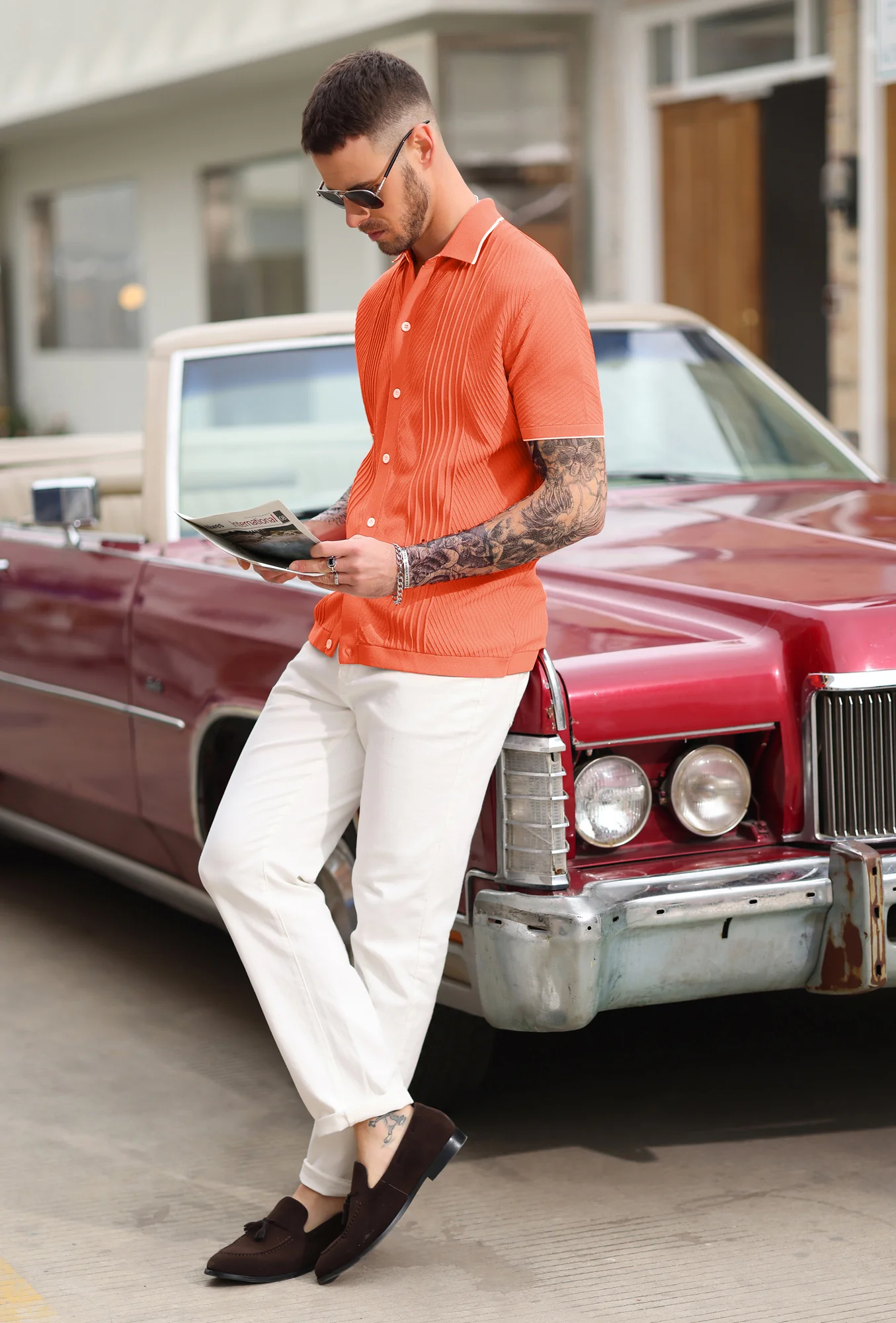 PJ Men Textured Cardigan Sweater Short Sleeve Lapel Collar Button-up Knitwear - Image 32