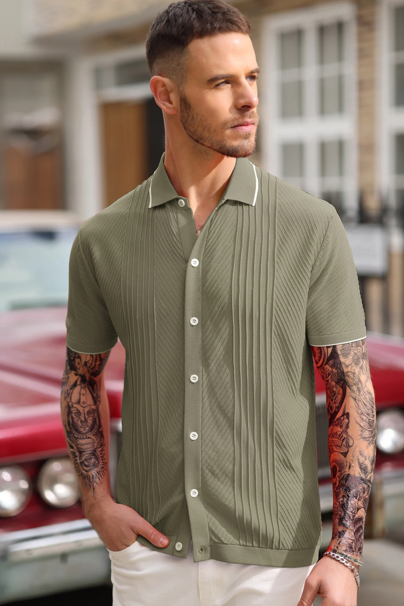 PJ Men Textured Cardigan Sweater Short Sleeve Lapel Collar Button-up Knitwear - Image 35
