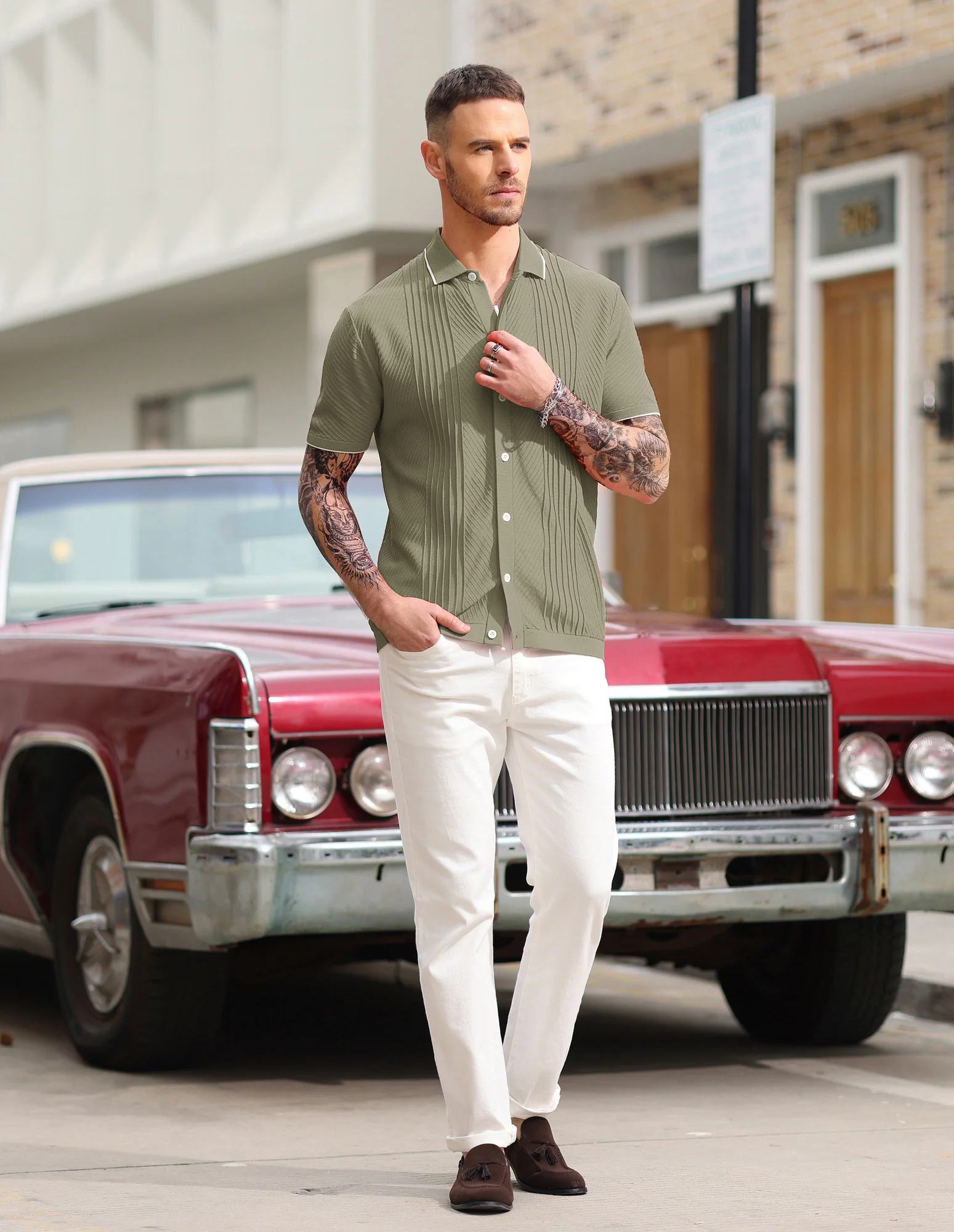 PJ Men Textured Cardigan Sweater Short Sleeve Lapel Collar Button-up Knitwear - Image 36
