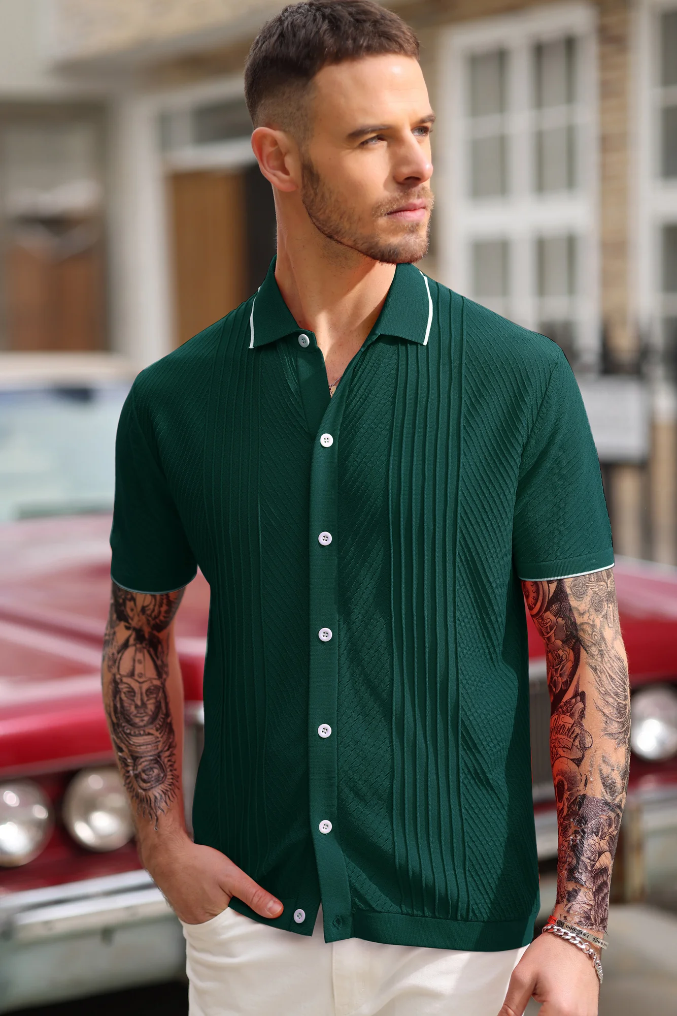 PJ Men Textured Cardigan Sweater Short Sleeve Lapel Collar Button-up Knitwear - Image 41
