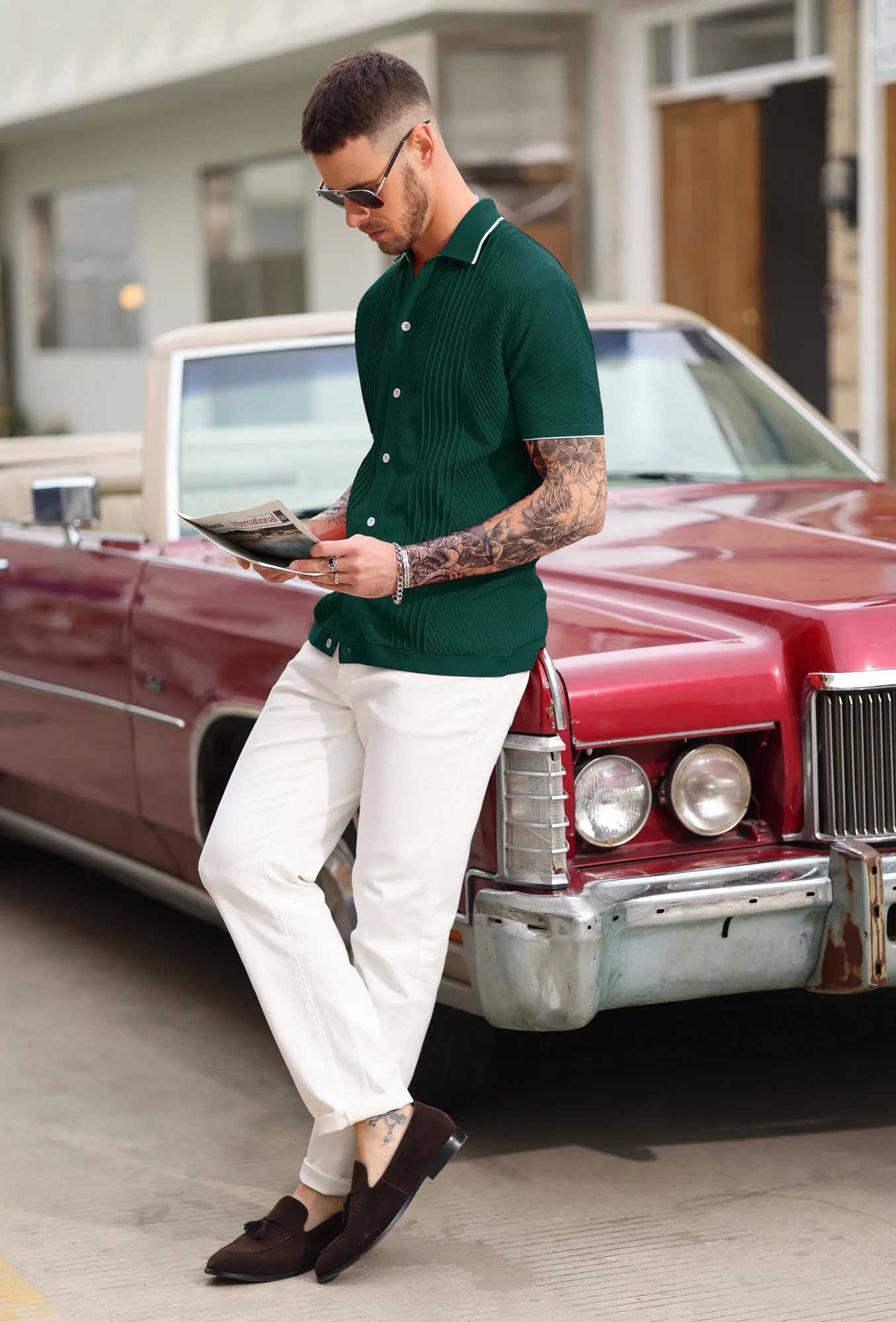 PJ Men Textured Cardigan Sweater Short Sleeve Lapel Collar Button-up Knitwear - Image 42