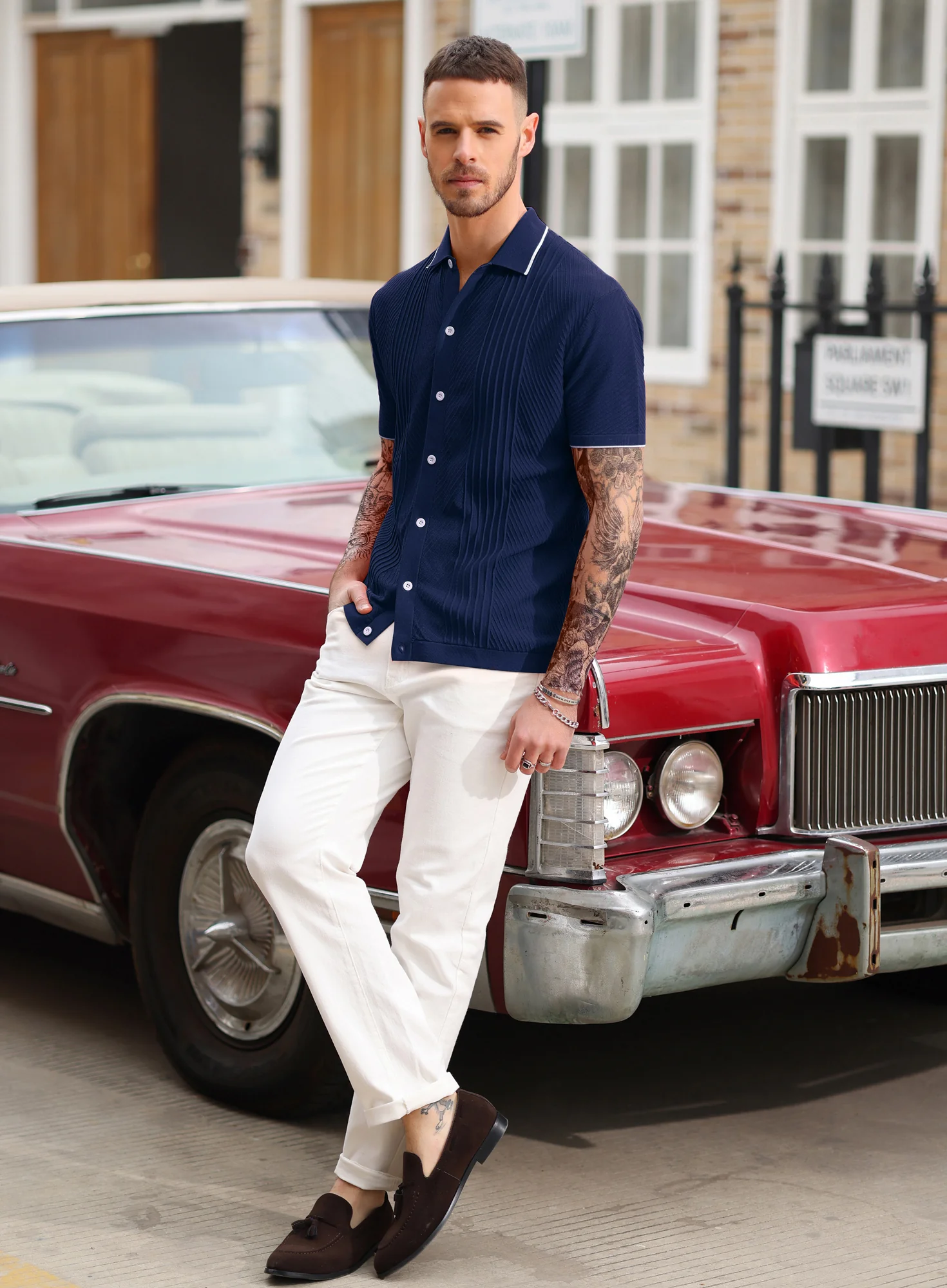 PJ Men Textured Cardigan Sweater Short Sleeve Lapel Collar Button-up Knitwear - Image 45