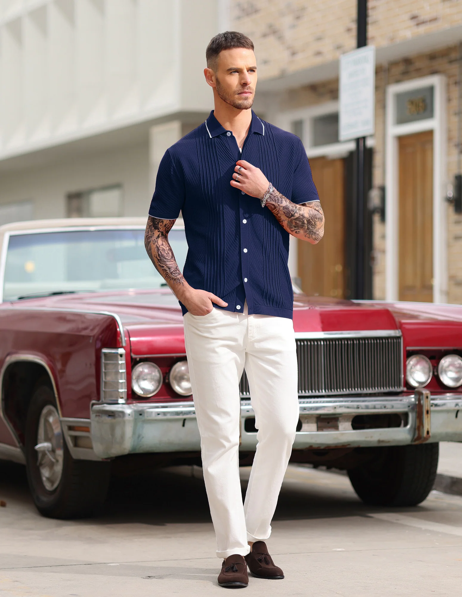 PJ Men Textured Cardigan Sweater Short Sleeve Lapel Collar Button-up Knitwear - Image 47