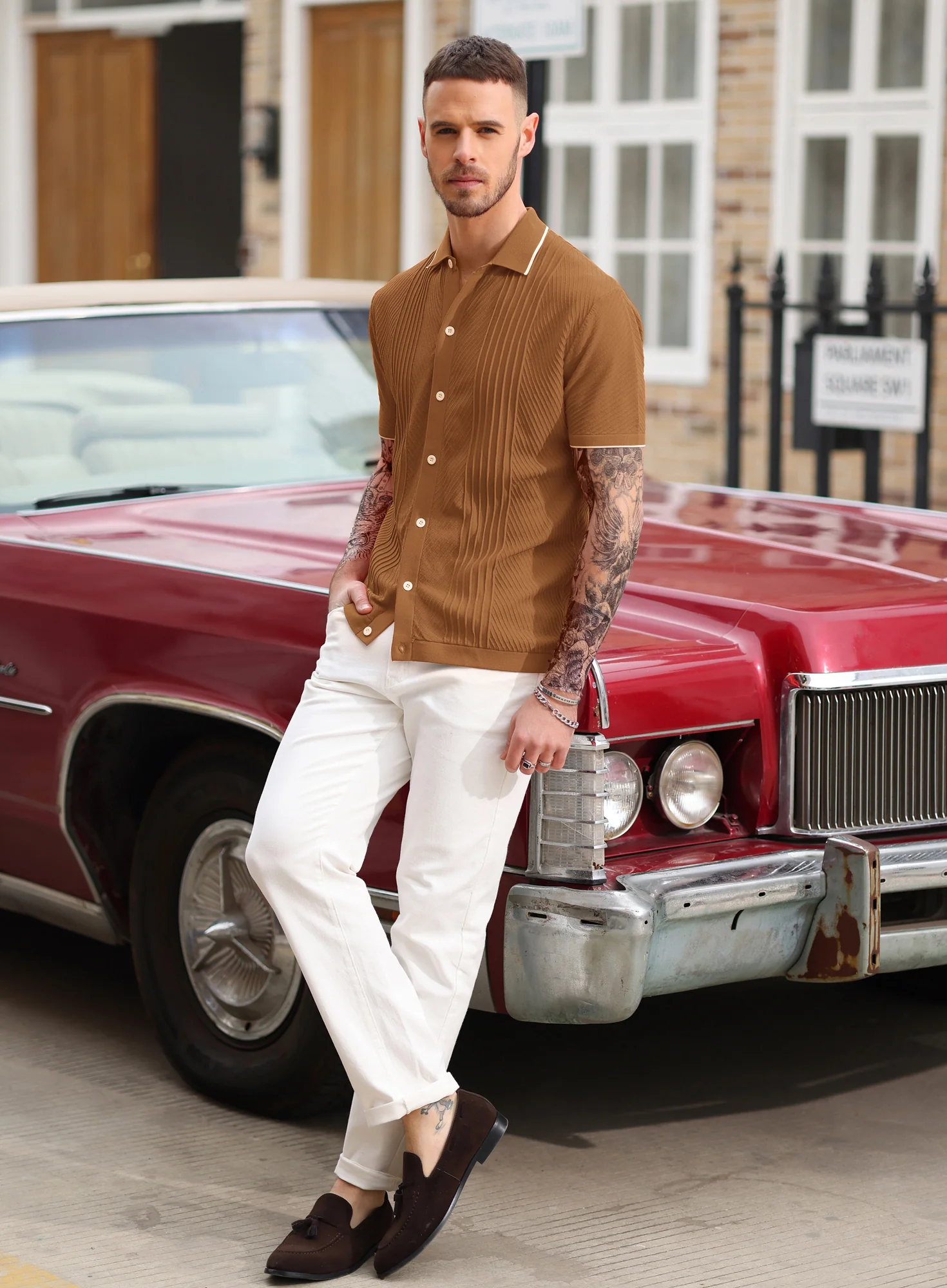 PJ Men Textured Cardigan Sweater Short Sleeve Lapel Collar Button-up Knitwear - Image 51