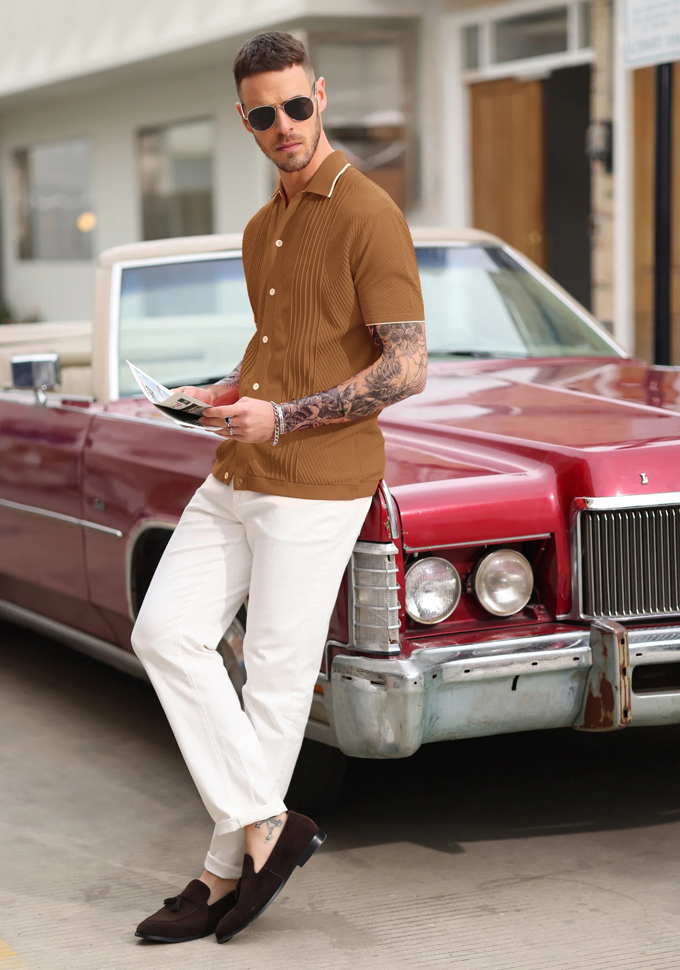 PJ Men Textured Cardigan Sweater Short Sleeve Lapel Collar Button-up Knitwear - Image 52