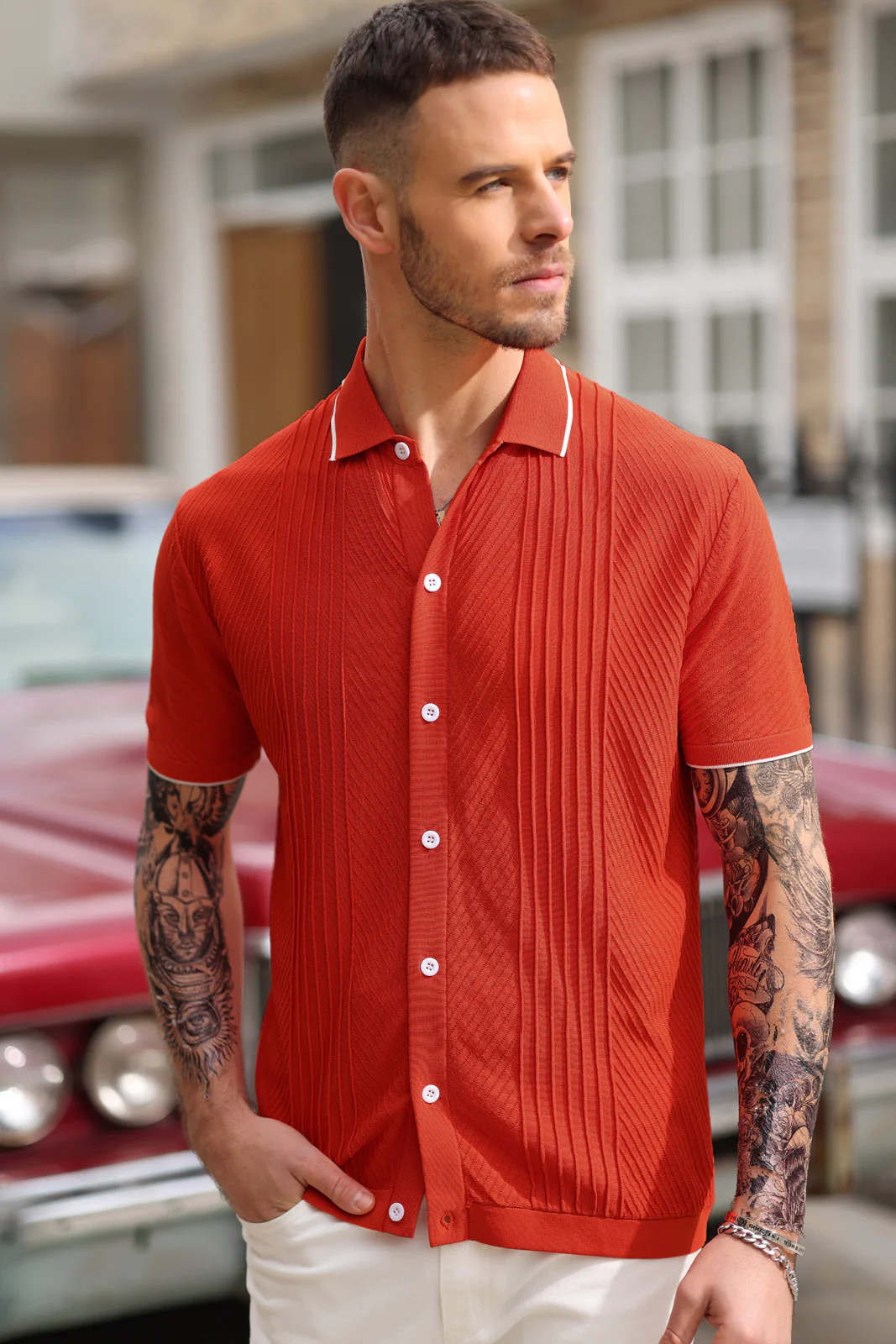 PJ Men Textured Cardigan Sweater Short Sleeve Lapel Collar Button-up Knitwear - Image 55