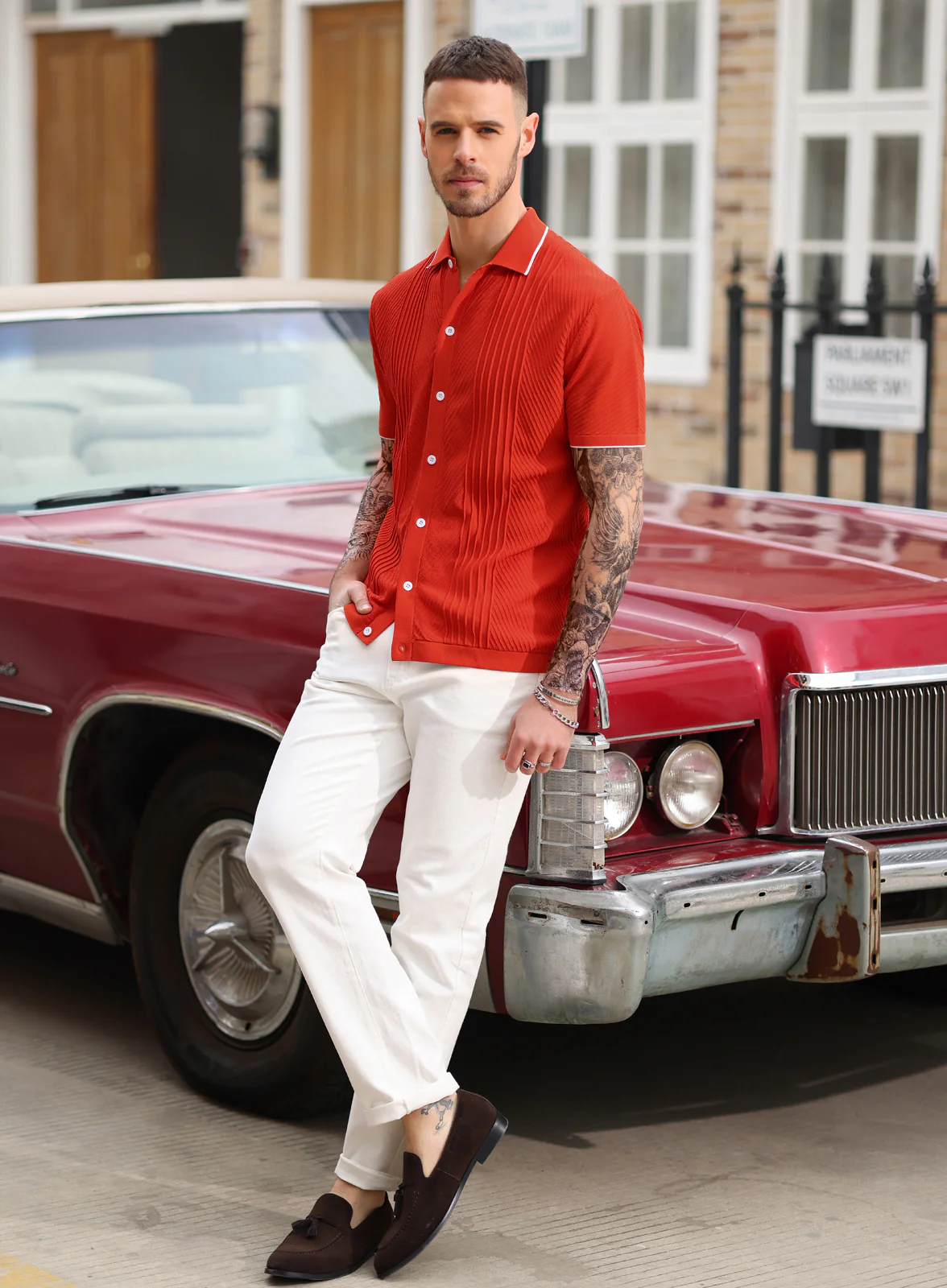 PJ Men Textured Cardigan Sweater Short Sleeve Lapel Collar Button-up Knitwear - Image 57