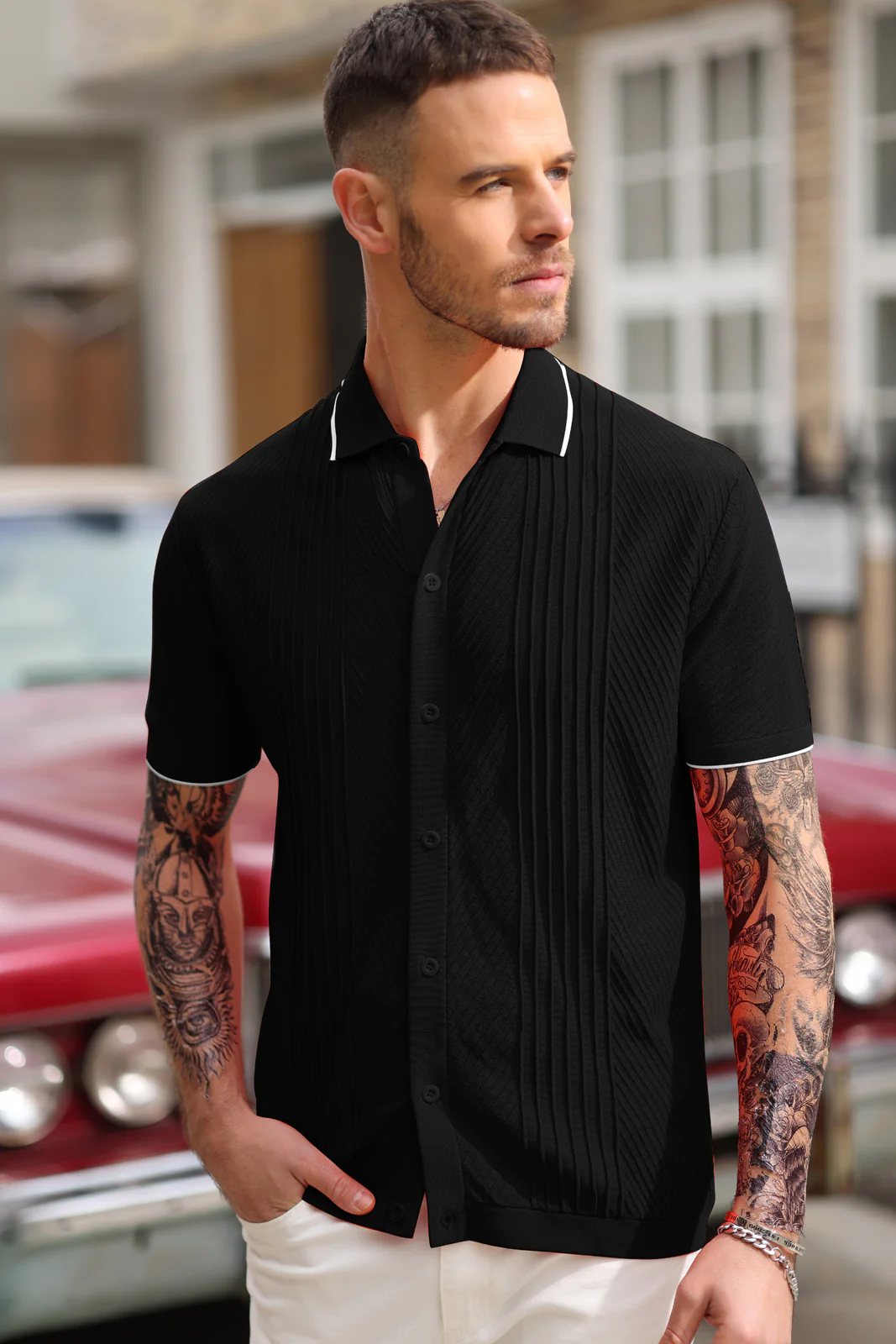 PJ Men Textured Cardigan Sweater Short Sleeve Lapel Collar Button-up Knitwear - Image 6