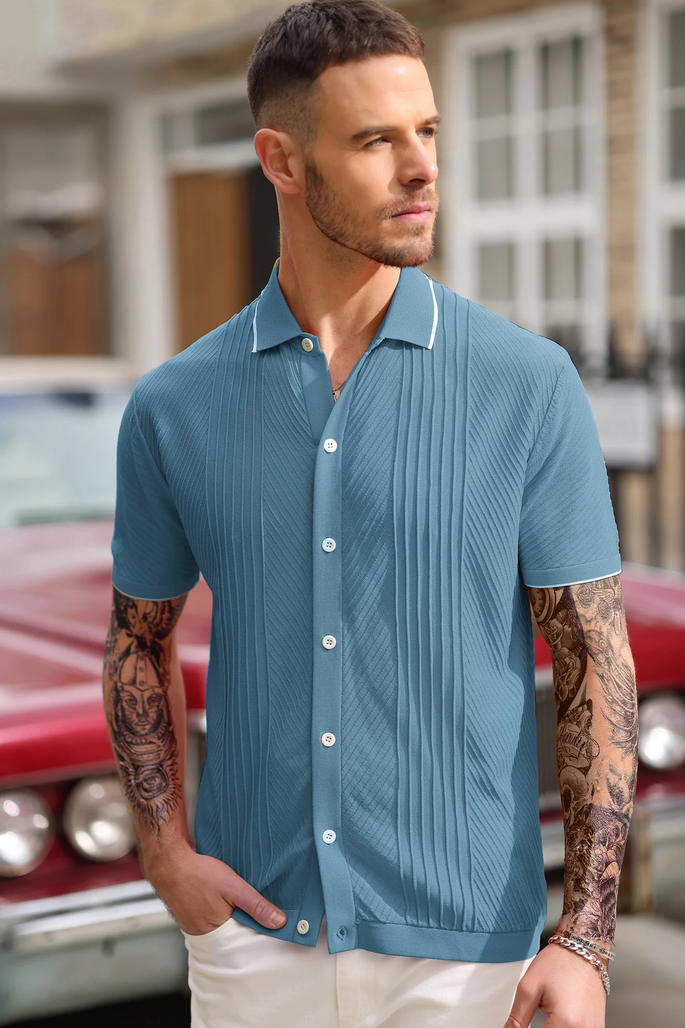 PJ Men Textured Cardigan Sweater Short Sleeve Lapel Collar Button-up Knitwear - Image 60