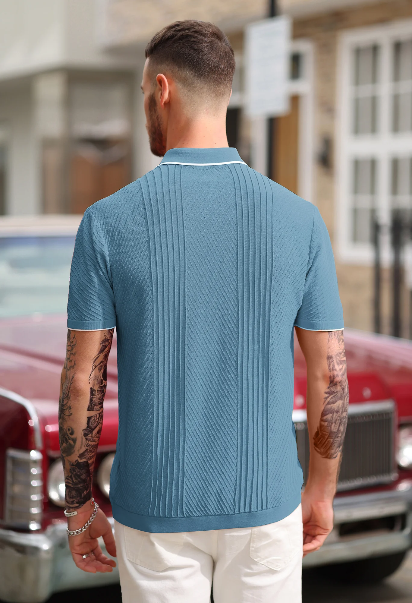 PJ Men Textured Cardigan Sweater Short Sleeve Lapel Collar Button-up Knitwear - Image 61