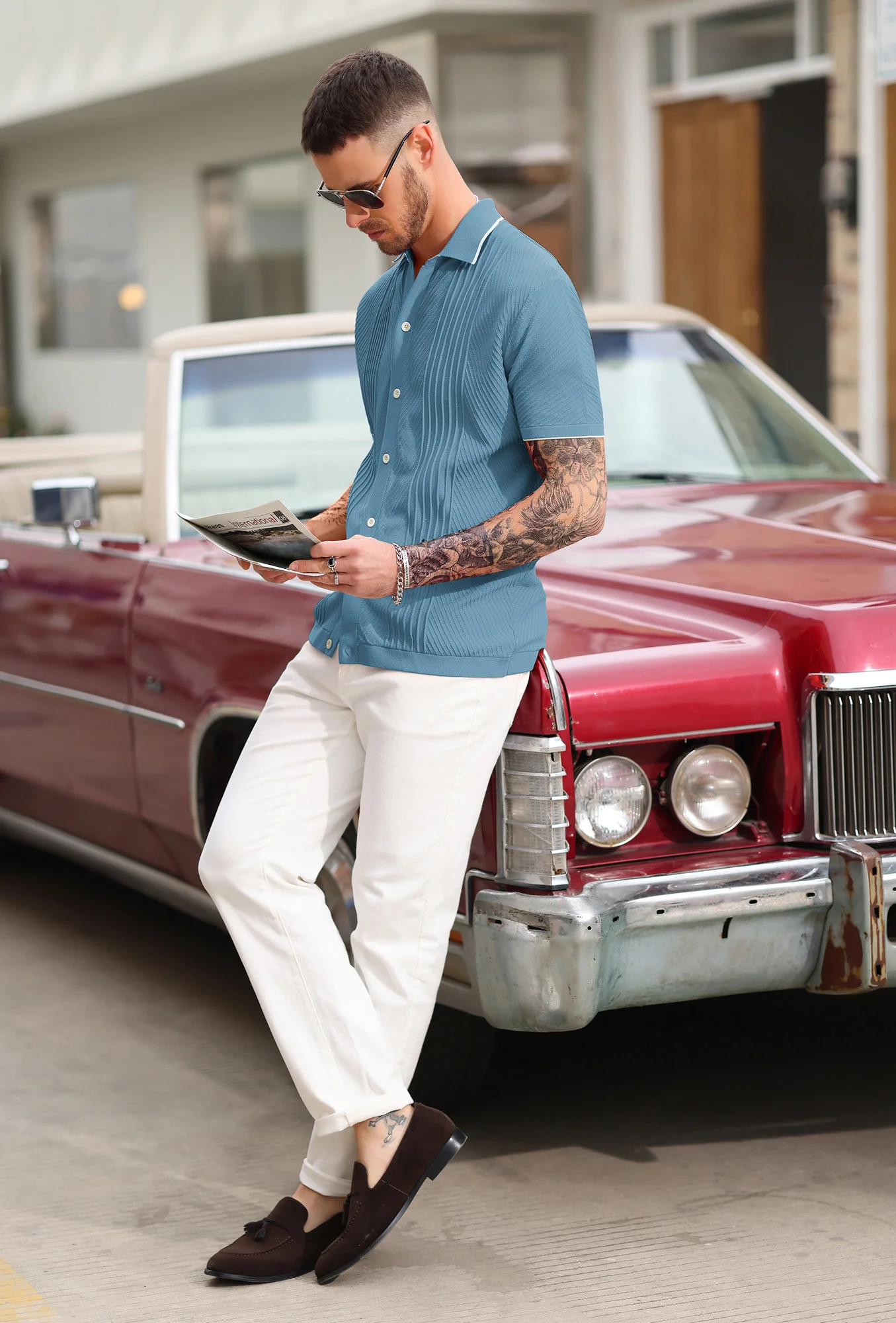 PJ Men Textured Cardigan Sweater Short Sleeve Lapel Collar Button-up Knitwear - Image 62