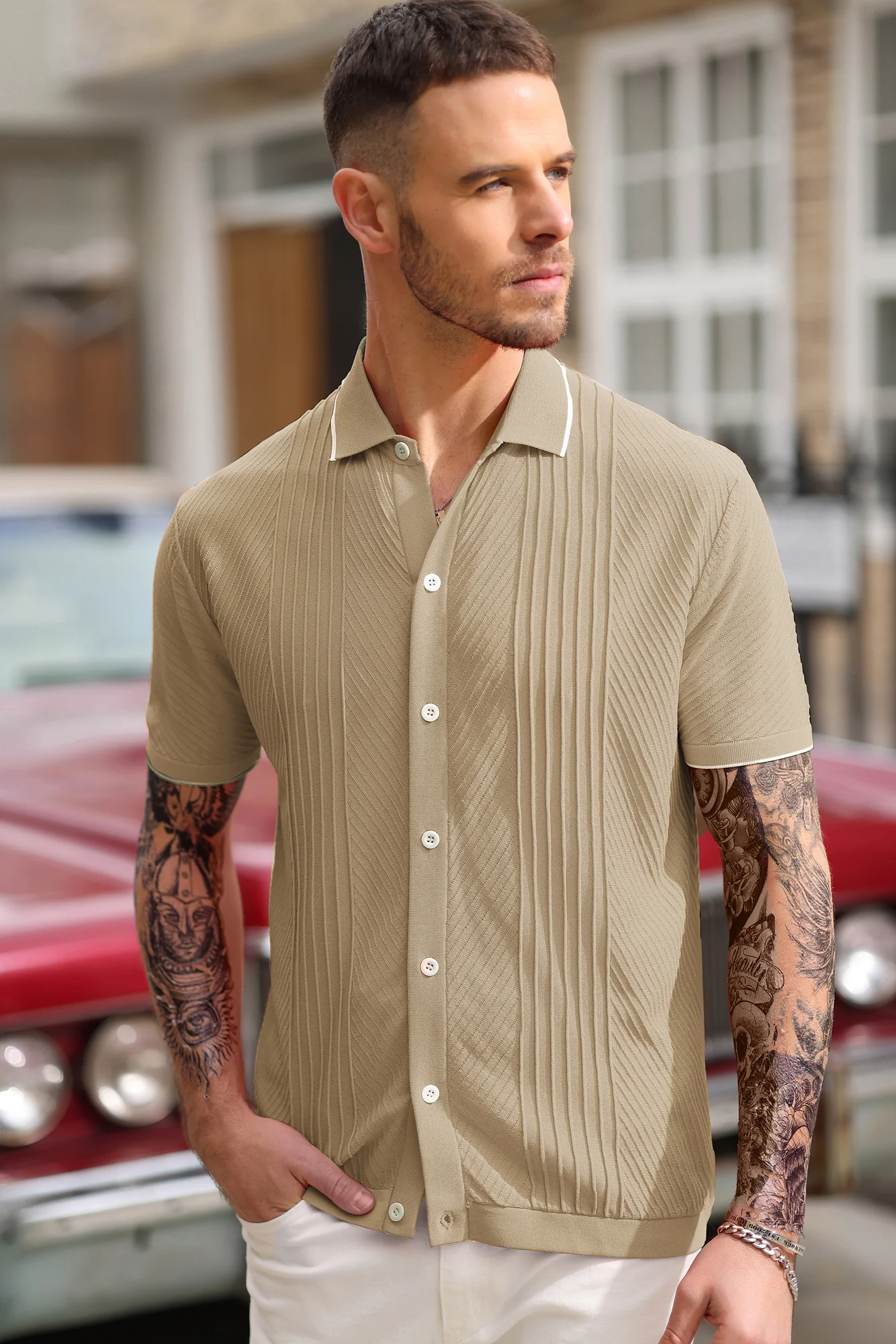 PJ Men Textured Cardigan Sweater Short Sleeve Lapel Collar Button-up Knitwear - Image 65