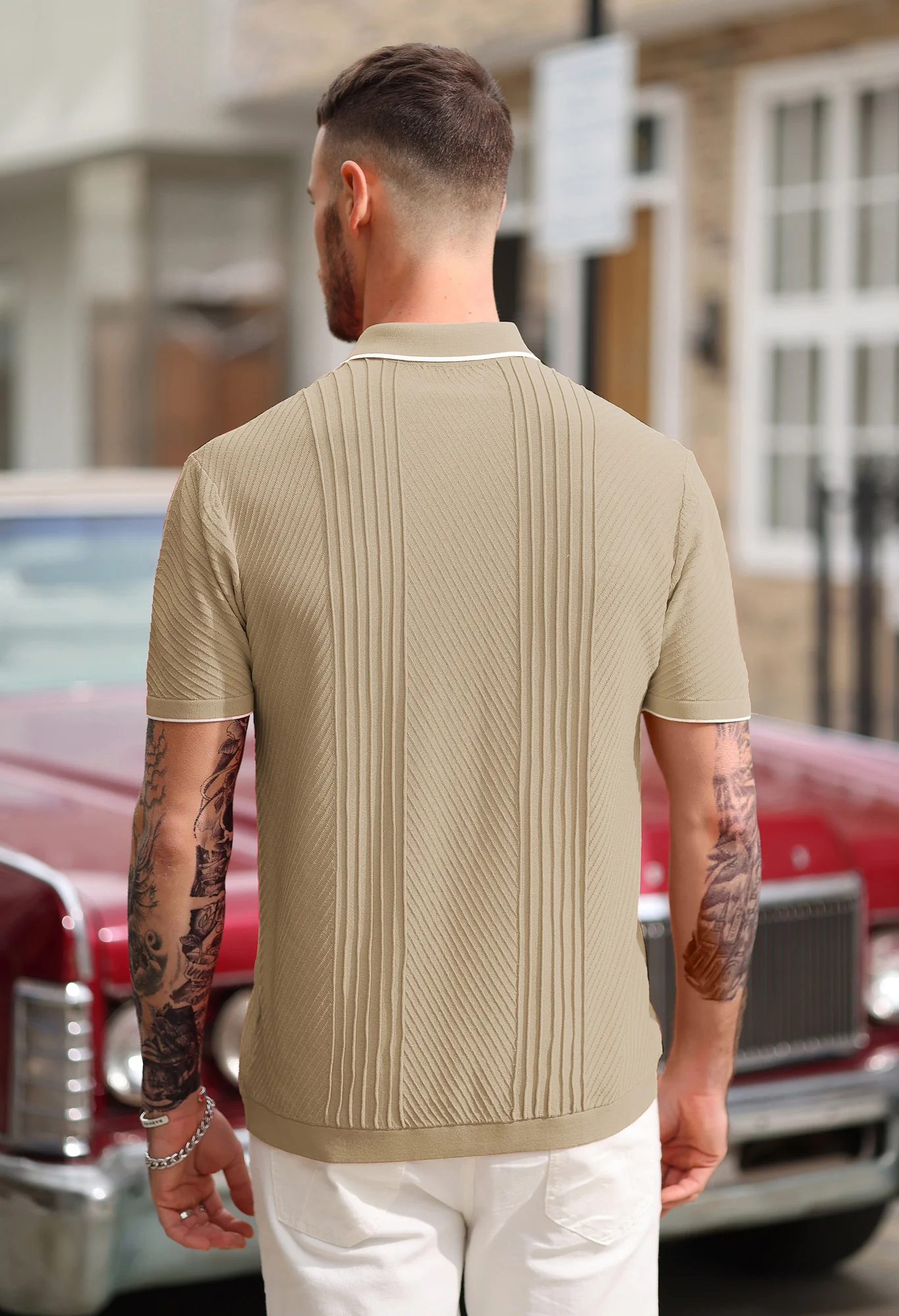 PJ Men Textured Cardigan Sweater Short Sleeve Lapel Collar Button-up Knitwear - Image 66