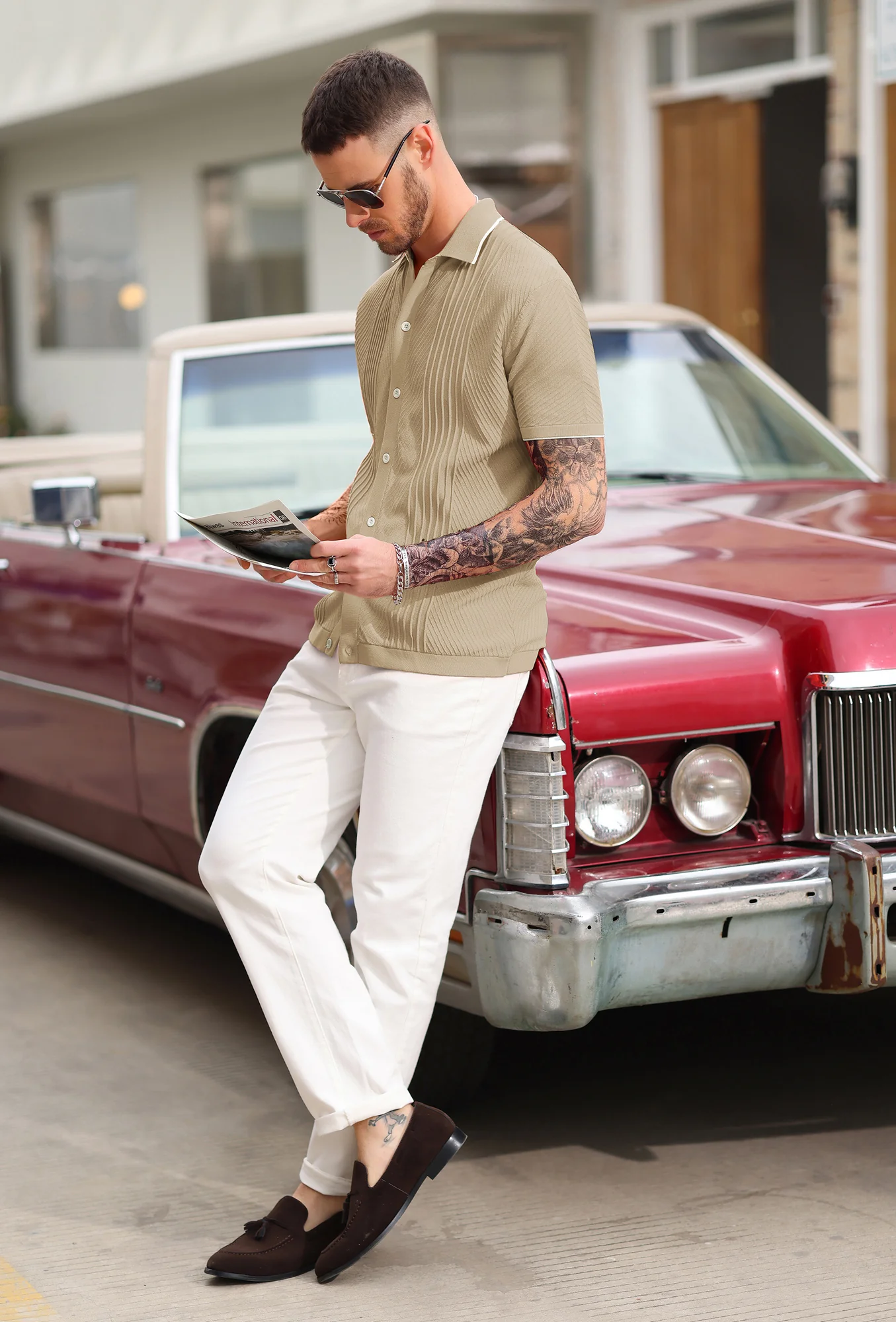 PJ Men Textured Cardigan Sweater Short Sleeve Lapel Collar Button-up Knitwear - Image 67