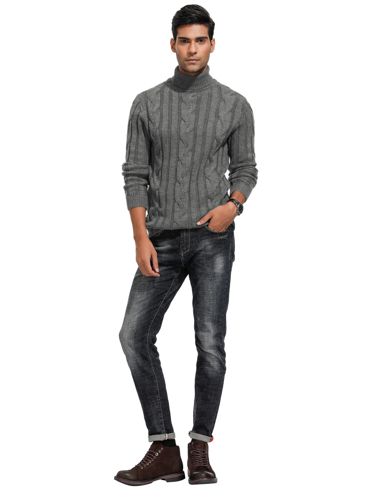 Men's Casual Turtleneck Sweaters Cable Knit Thermal Pullover Sweater - Image 23