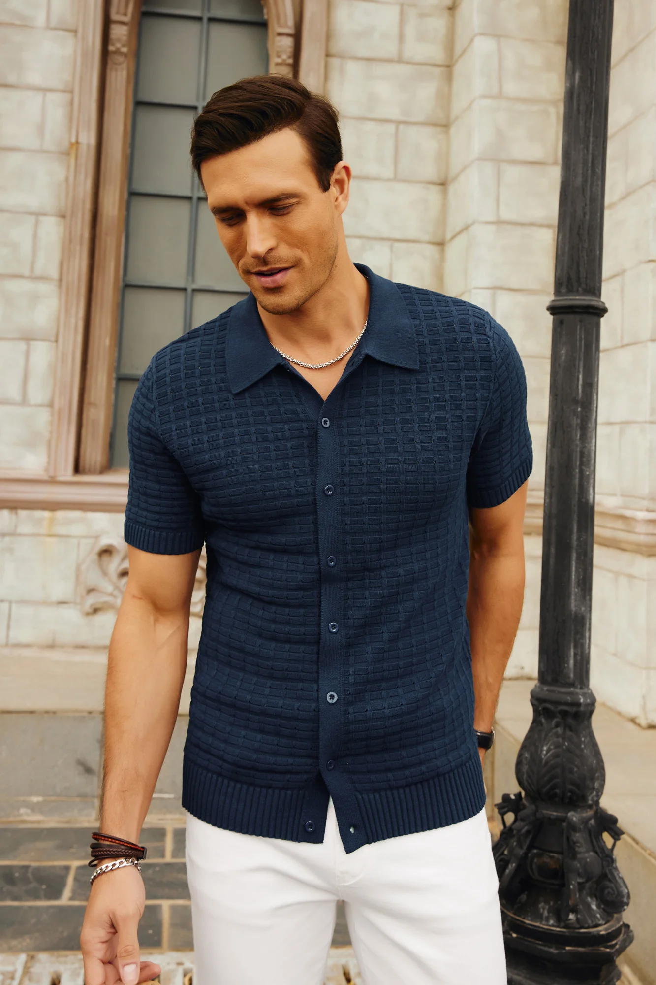 Mens Breathable Knitting Polo Shirts Textured Short Sleeve Golf Polo Cardigan Shirts - Image 12