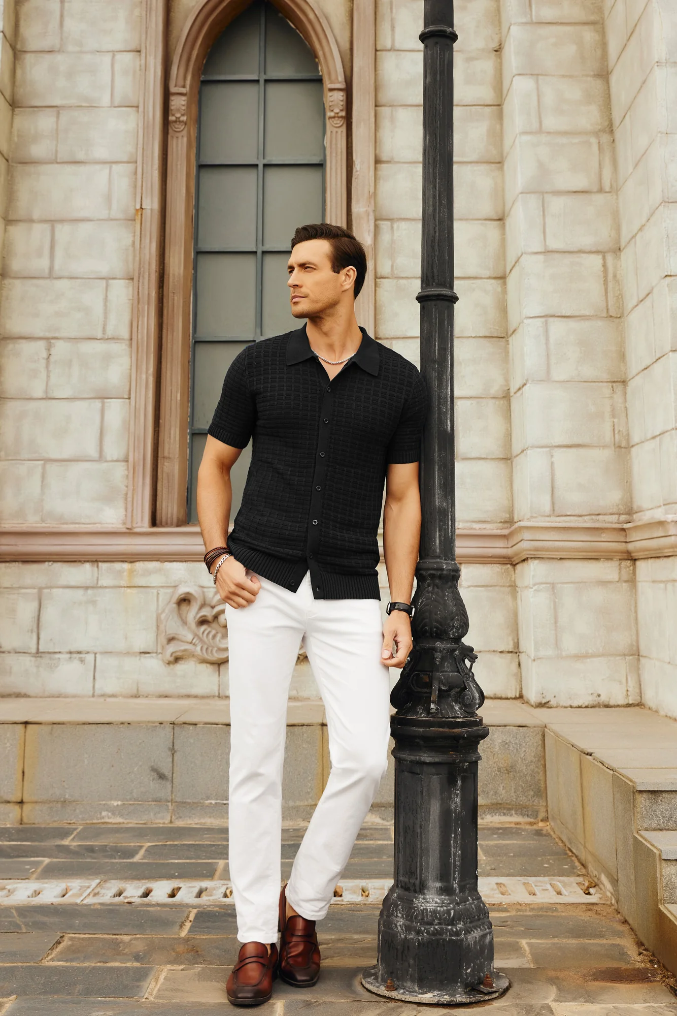 Mens Breathable Knitting Polo Shirts Textured Short Sleeve Golf Polo Cardigan Shirts - Image 15
