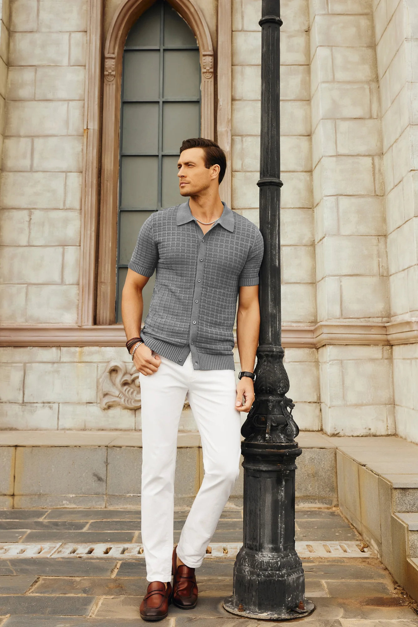 Mens Breathable Knitting Polo Shirts Textured Short Sleeve Golf Polo Cardigan Shirts - Image 20