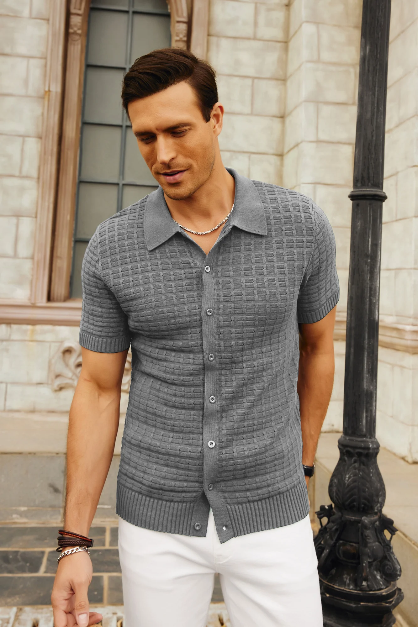 Mens Breathable Knitting Polo Shirts Textured Short Sleeve Golf Polo Cardigan Shirts - Image 24